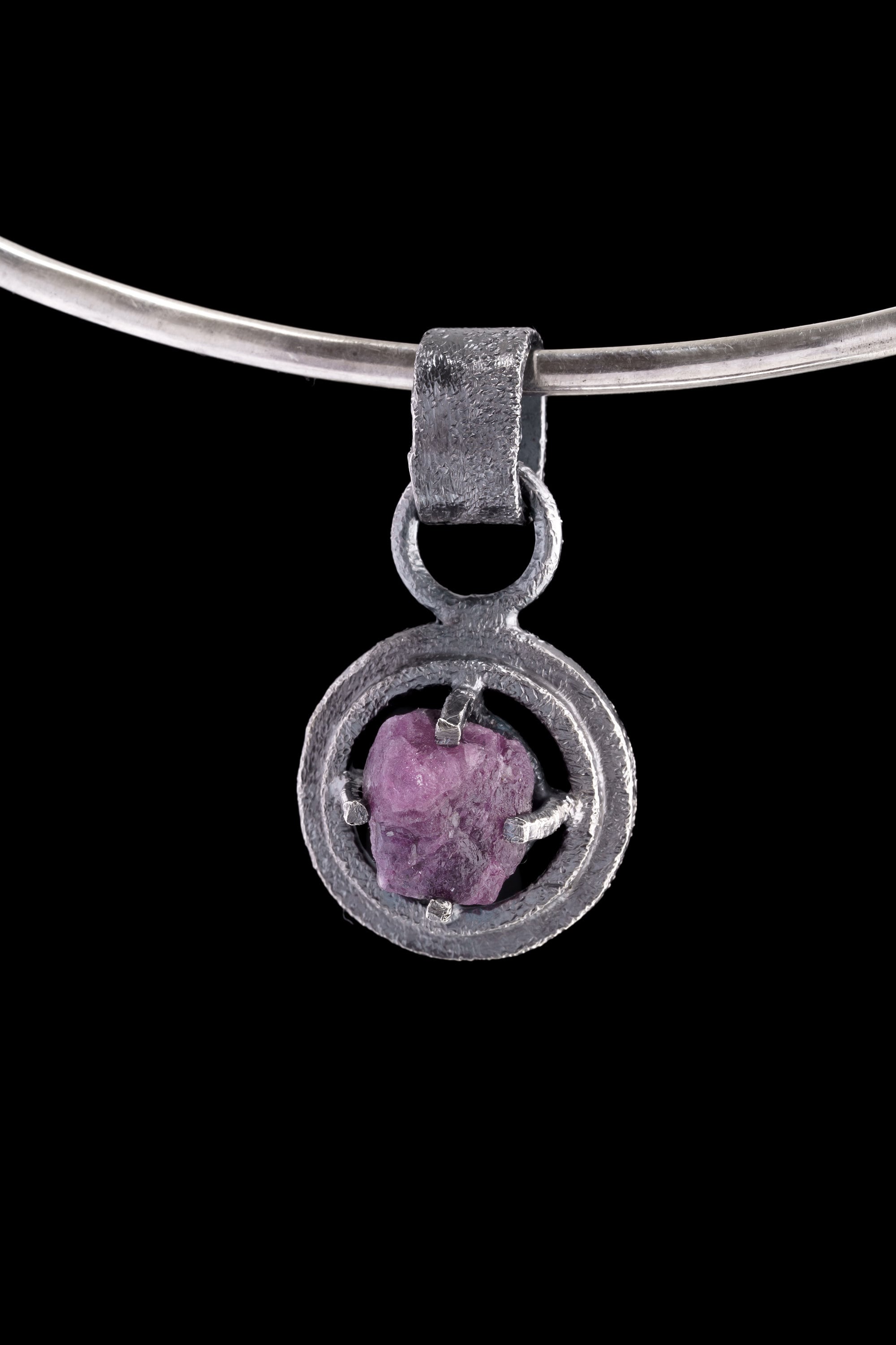 Rare Purple Vesuvianite Pendant, Oxidised Sterling Silver, Strong Framed Claw Wire Setting, Sand Textured, Crown Chakra, Scorpio Zodiac