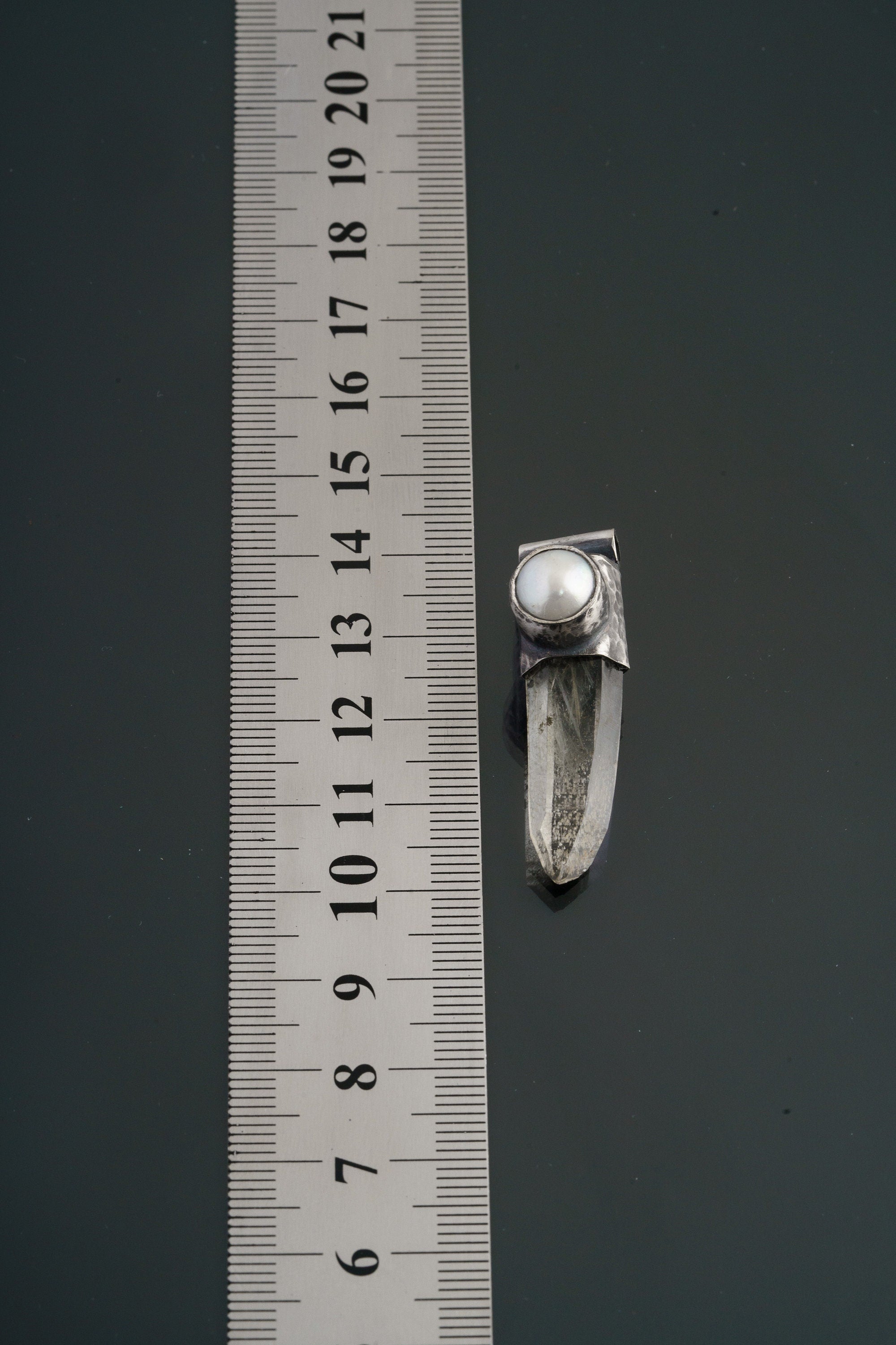 Nepali Green Rutile Laser Chlorite Quartz Point with a South Sea Pearl - Stack Pendant - Textured & Oxidised 925 Sterling Silver - NO 6