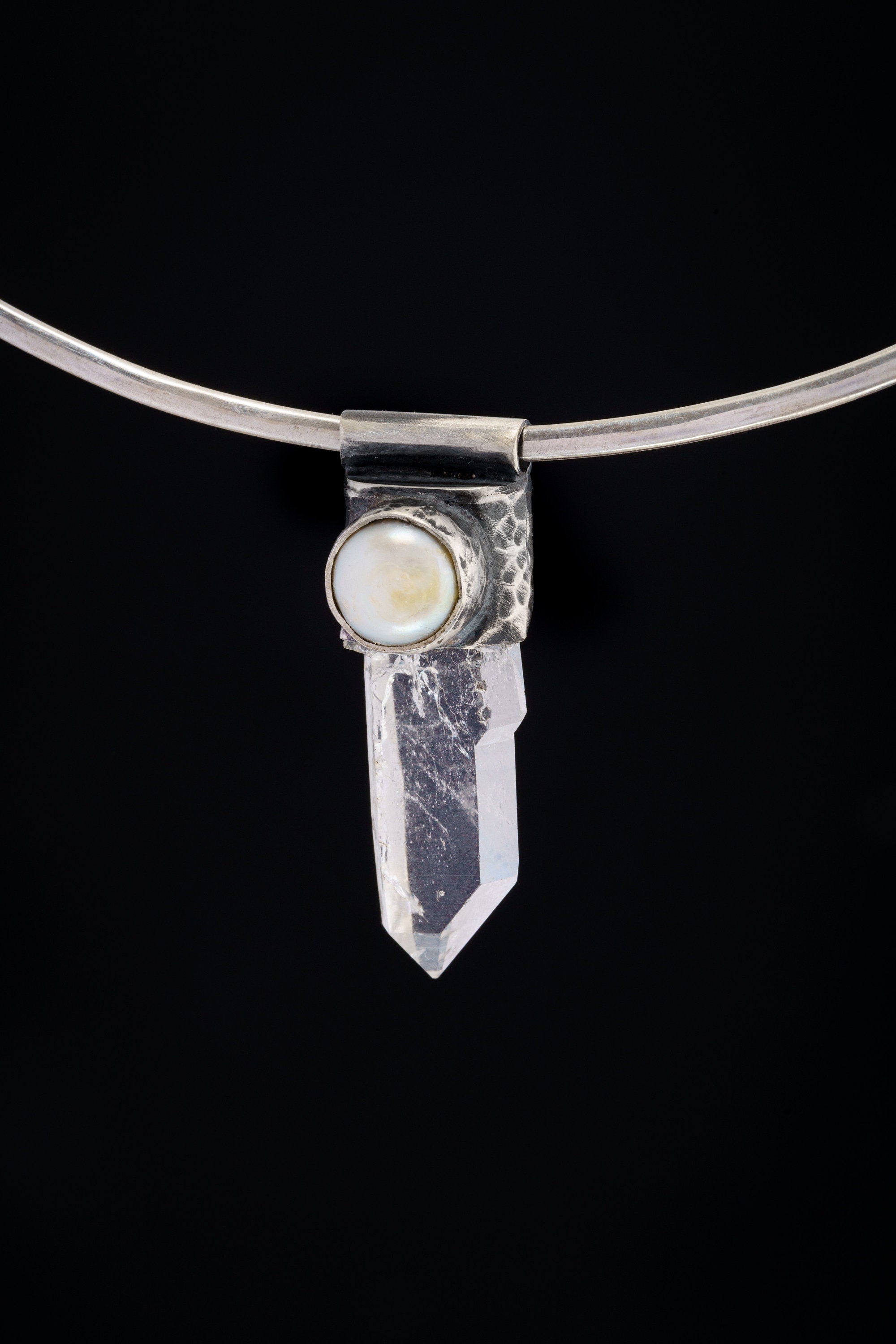 Nepali Lemurian Super Clear Edged Quartz Point with a South Sea Pearl - Stack Pendant - Textured & Oxidised 925 Sterling Silver - NO 9