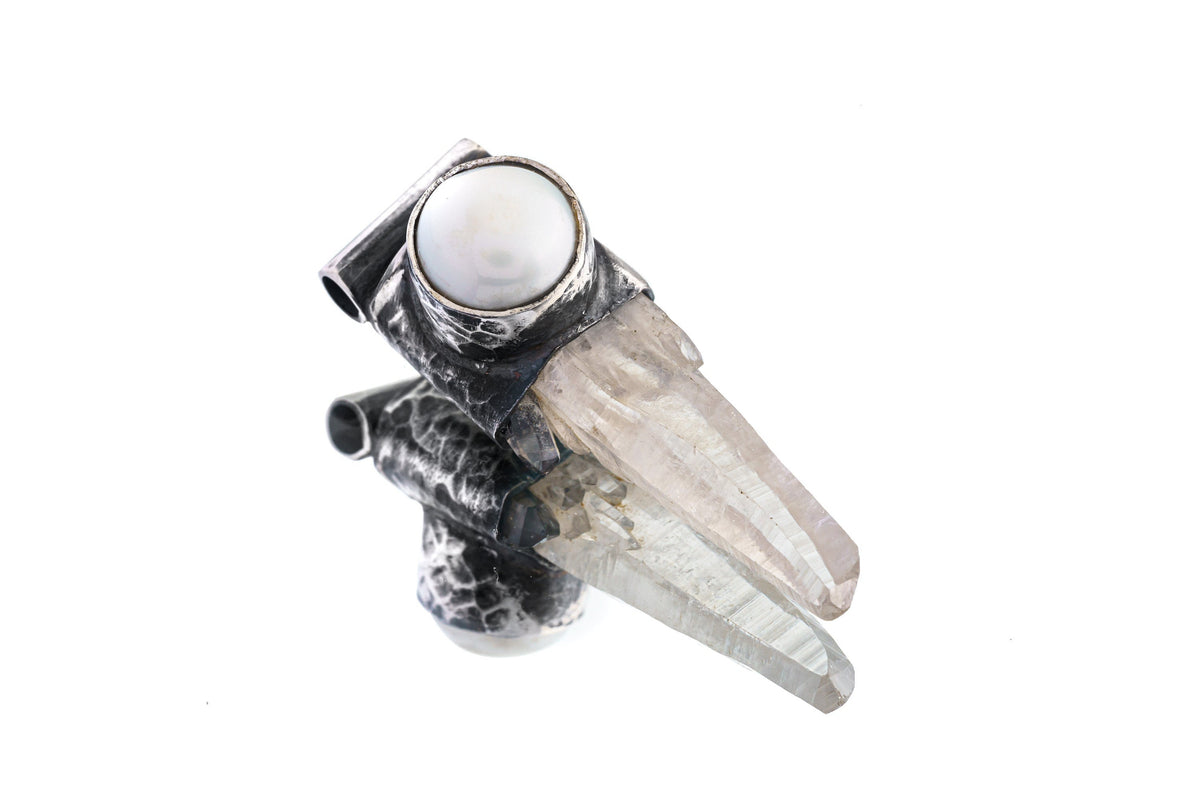 Nepali Lemurian Drusy Laser Quartz Point with a South Sea Pearl - Stack Pendant - Textured & Oxidised 925 Sterling Silver - NO16