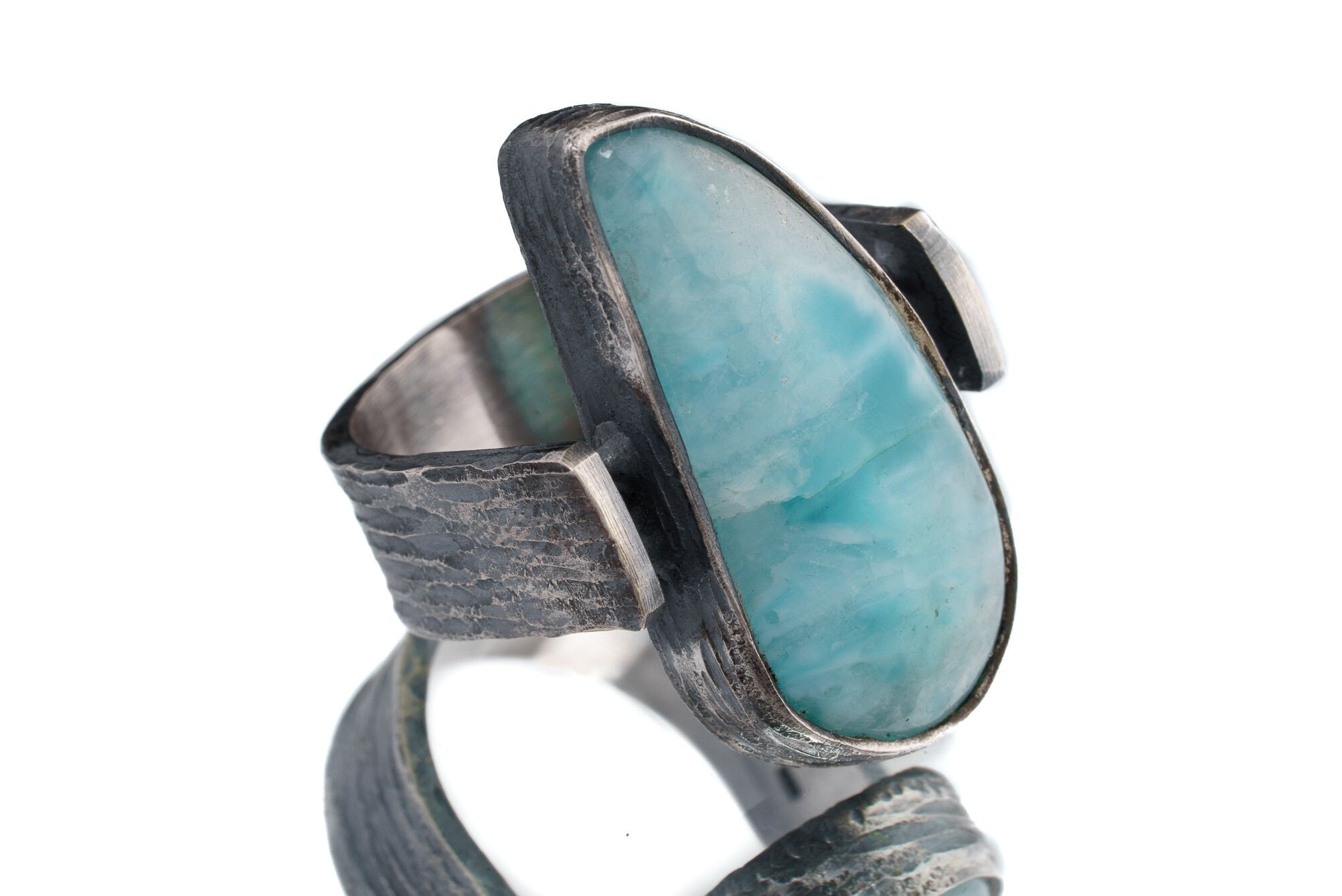 Tooth Shaped Larimar Cabochon - Rustic Comfortable Crystal Ring - Size 9 US - 925 Sterling Silver - Rock Textured & Oxidised