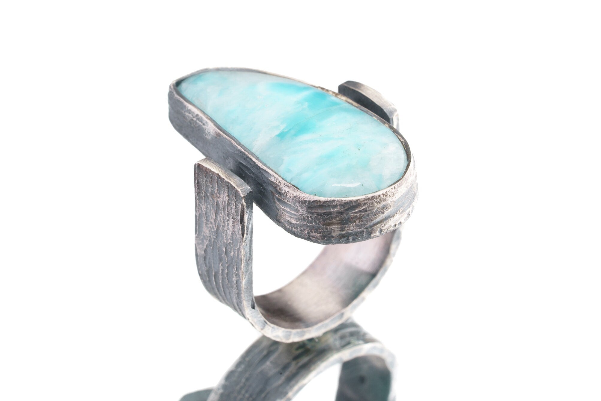 Tooth Shaped Larimar Cabochon - Rustic Comfortable Crystal Ring - Size 9 US - 925 Sterling Silver - Rock Textured & Oxidised