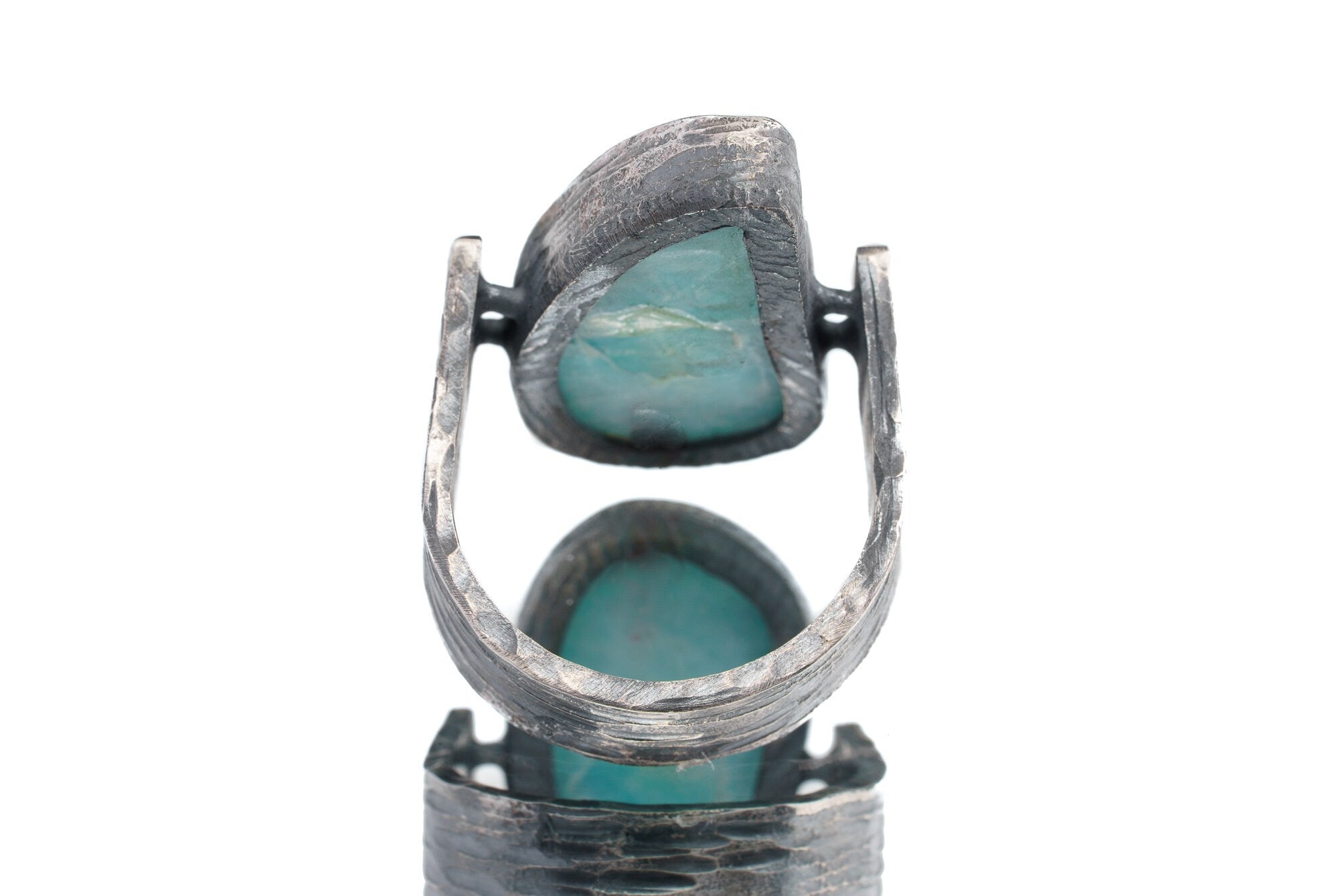 Tooth Shaped Larimar Cabochon - Rustic Comfortable Crystal Ring - Size 9 US - 925 Sterling Silver - Rock Textured & Oxidised