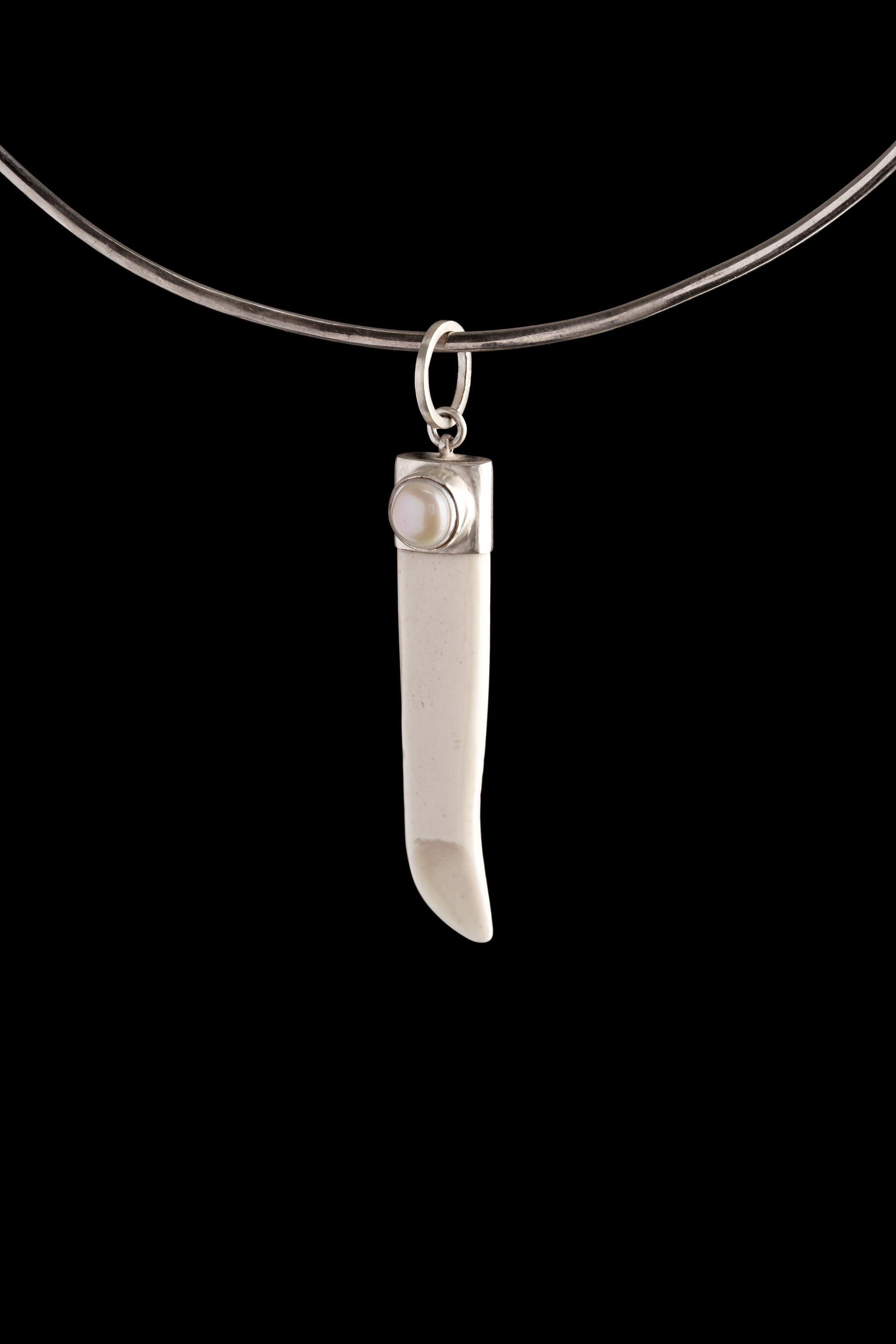 Elegant Large South Sea Pearl Spoon Necklace, Carved Ancient Bone Tool Talisman with 925 Silver Cap for Spice or Ceremonial Use