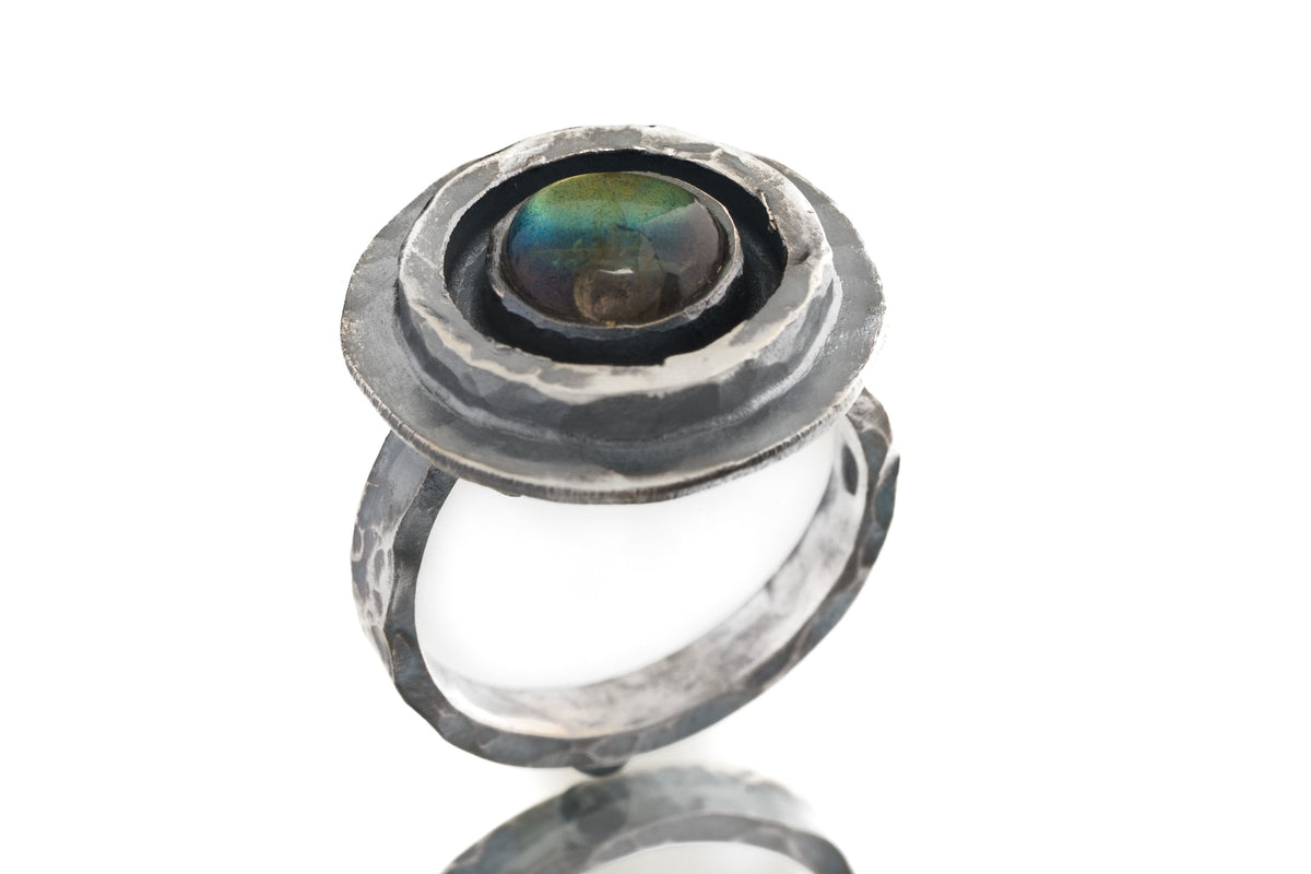 Rainbow Labradorite Dome Ring, Oxidized Rustic Boho Vibe, Thick 925 Sterling Silver, Adjustable Textured Ring Band, Size 5-10 US