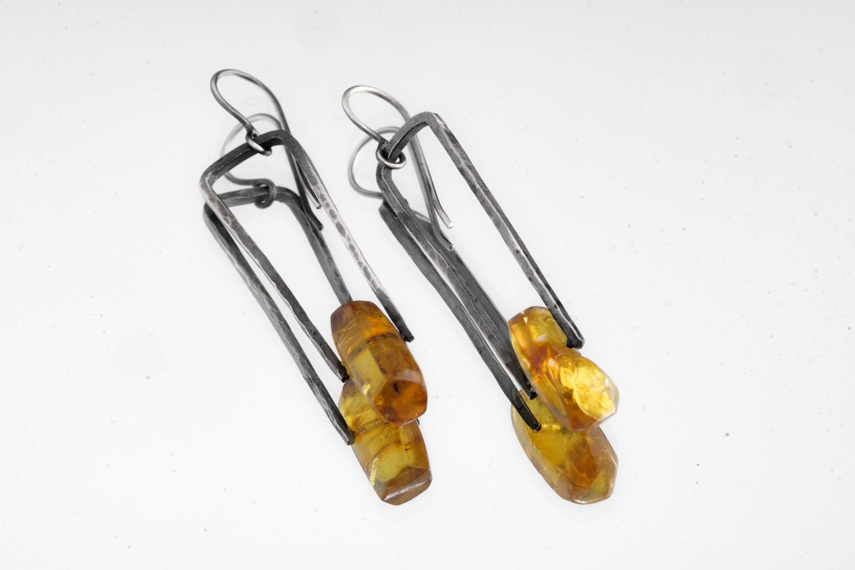 Oxidized Rustic Boho Earrings with Big Mexican Freeform Amber Cabochon Solid 925 Sterling Silver Long Hammered Spinning Dangle Earring Pair