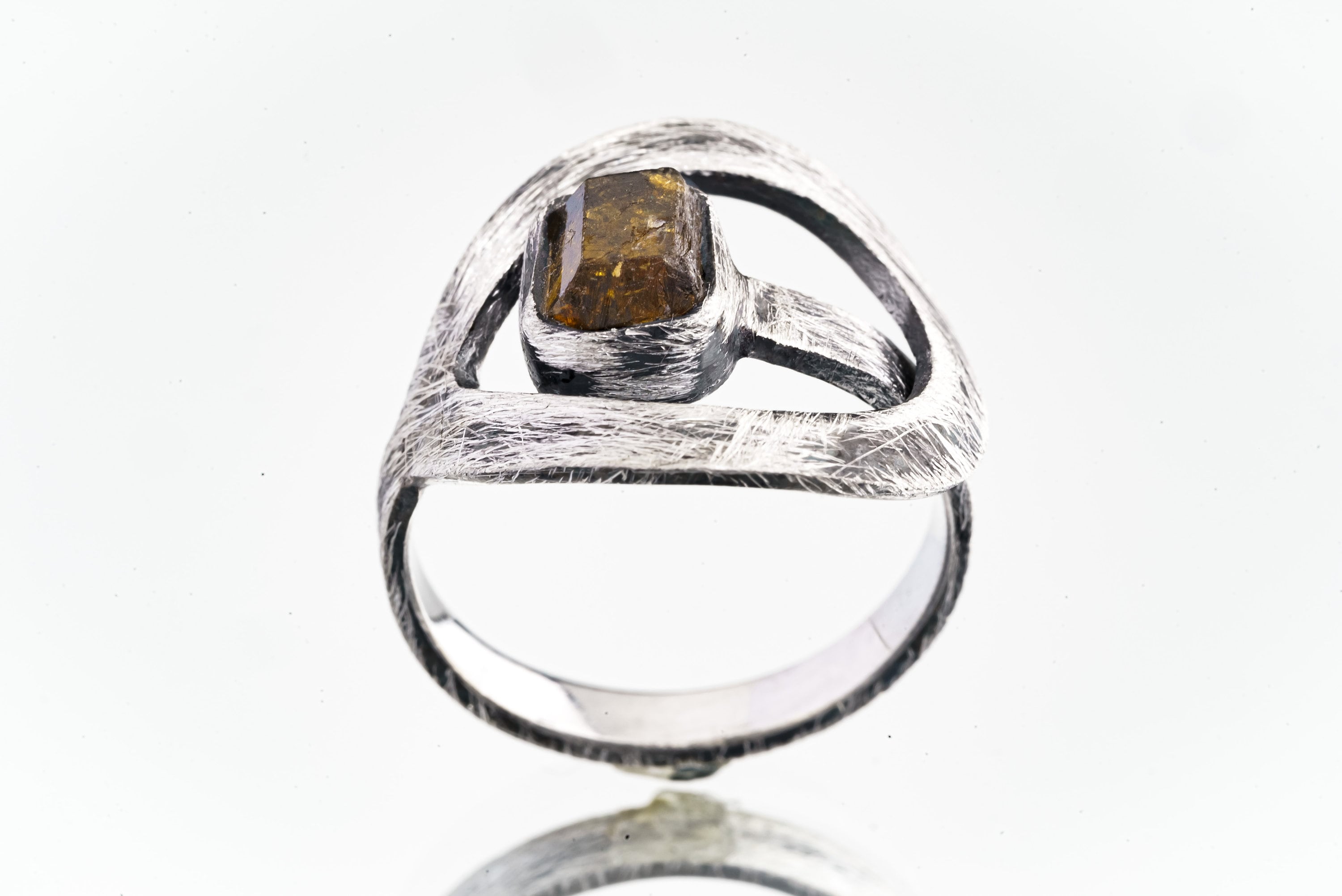 Raw Gem Dravite Brown Tourmaline - 925 Sterling Silver - Heavy Set Adjustable Loop Ring - Scratch Textured - Size 5-9 US - NO/4