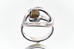 Raw Gem Dravite Brown Tourmaline - 925 Sterling Silver - Heavy Set Adjustable Loop Ring - Scratch Textured - Size 5-9 US - NO/4