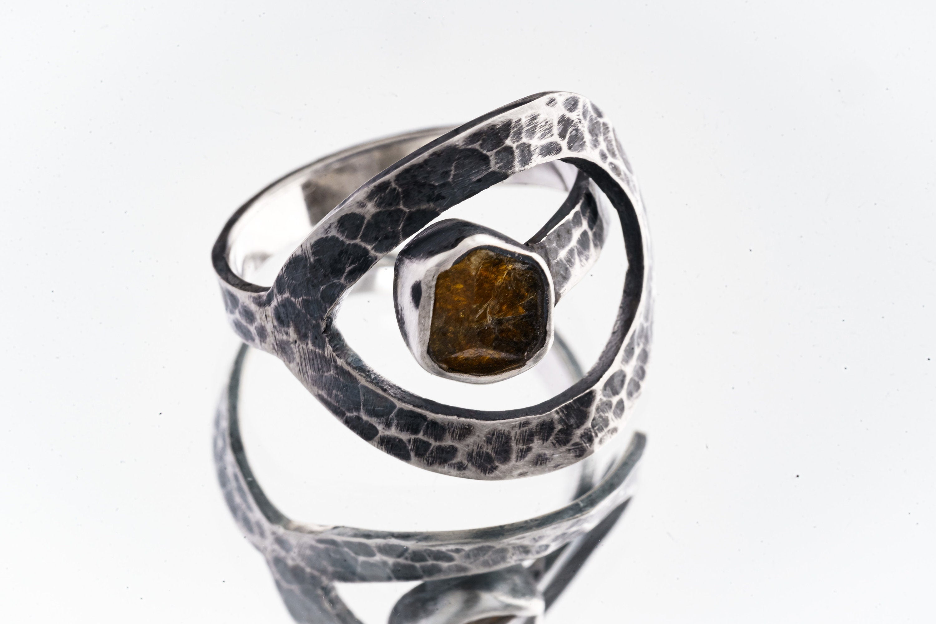 Raw Terminated Gem Dravite Brown Tourmaline - 925 Sterling Silver - Heavy Set Adjustable Loop Ring - Hammer Textured - Size 5-9 US - NO/11