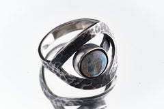 Round Rainbow Labradorite - 925 Sterling Silver - Heavy Set Adjustable Loop Ring - Hammer Textured - Size 5-9 US - NO/14