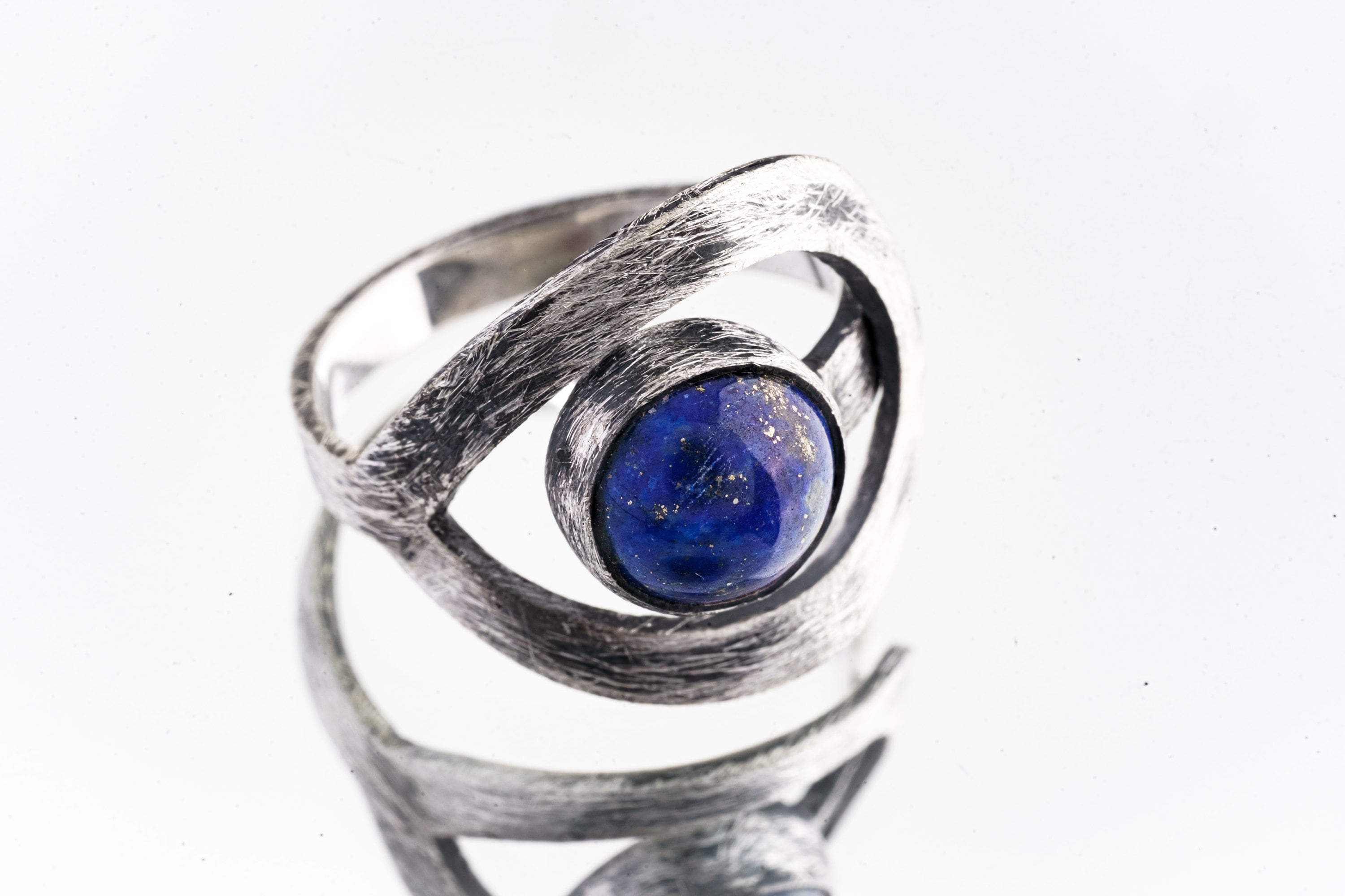 Round Lapis Lazuli - 925 Sterling Silver - Heavy Set Adjustable Loop Ring - Scratch Textured - Size 5-9 US - NO/21