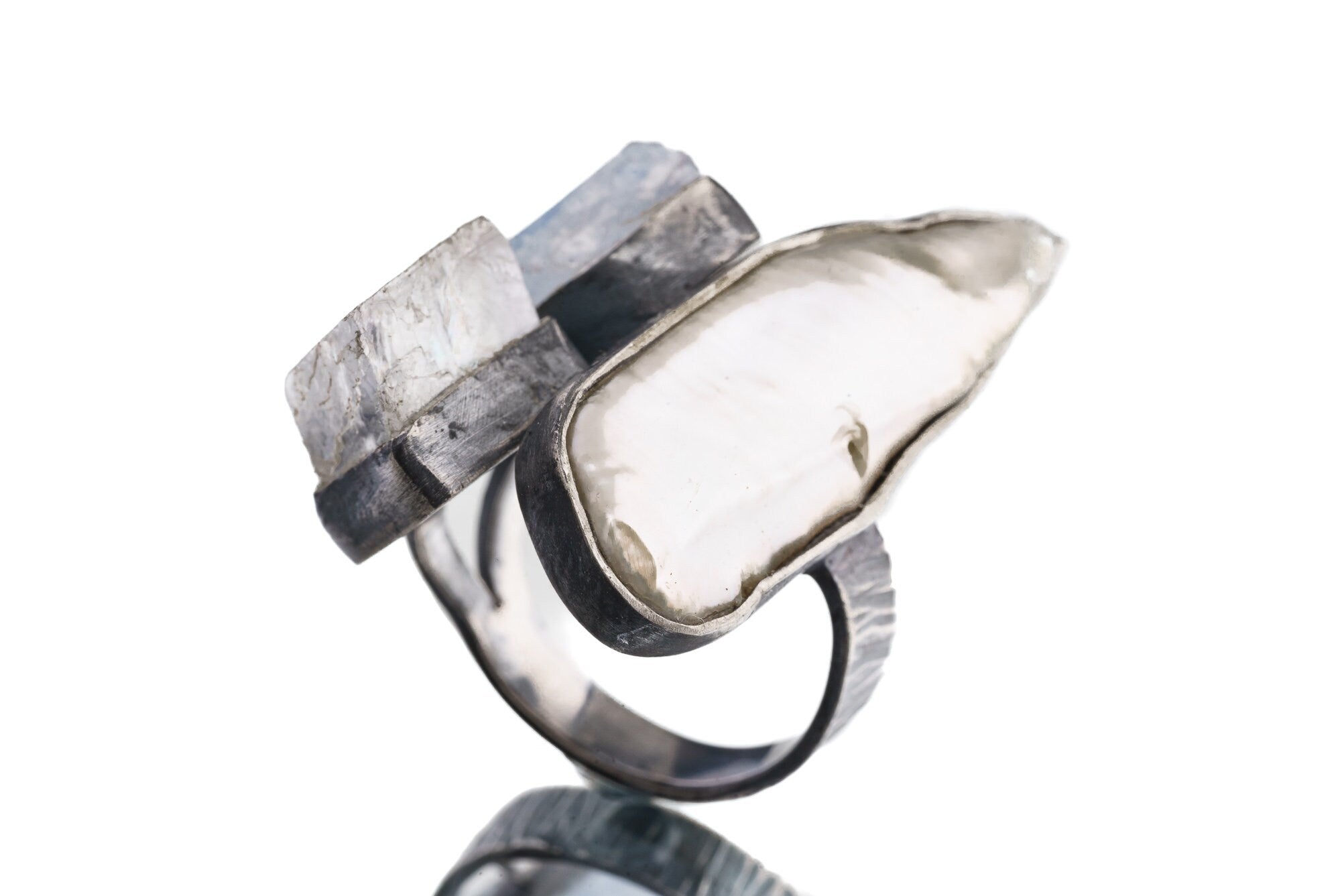 Pearl, Dumortierite & Selenite - 925 Sterling Silver - Multi Stone - Textured, Oxidised - Open Ring Band - Adjustable US 6 - 10 - NO/11