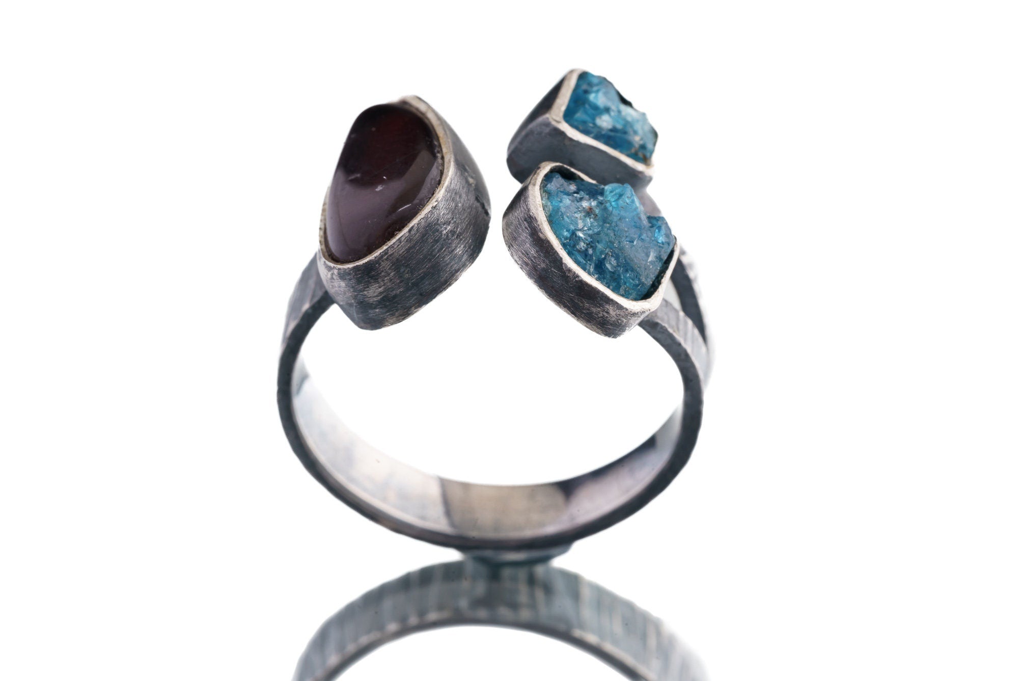 Ammolite Fossil & Apatite - 925 Sterling Silver - Multi Stone - Textured, Oxidised - Open Ring Band - Adjustable US 6 - 10 - NO/14