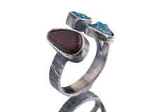 Ammolite Fossil & Apatite - 925 Sterling Silver - Multi Stone - Textured, Oxidised - Open Ring Band - Adjustable US 6 - 10 - NO/14