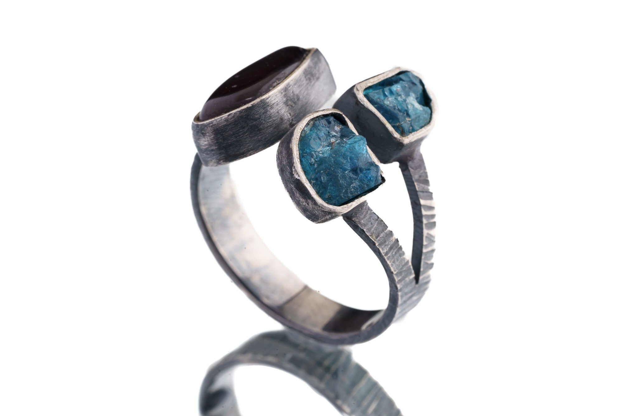 Ammolite Fossil & Apatite - 925 Sterling Silver - Multi Stone - Textured, Oxidised - Open Ring Band - Adjustable US 6 - 10 - NO/14