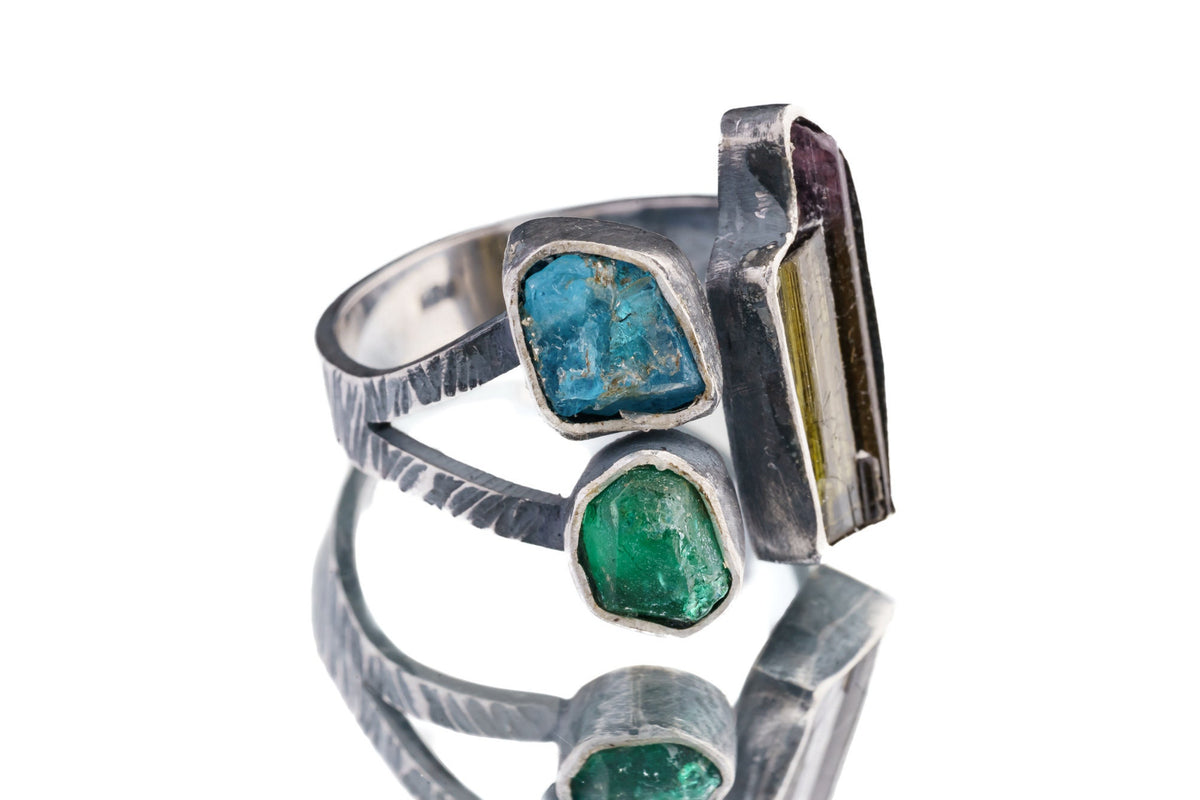 Smoky Quartz, Emerald & Apatite - 925 Sterling Silver - Multi Stone - Textured, Oxidised - Open Ring Band - Adjustable US 6 - 10 - NO/15