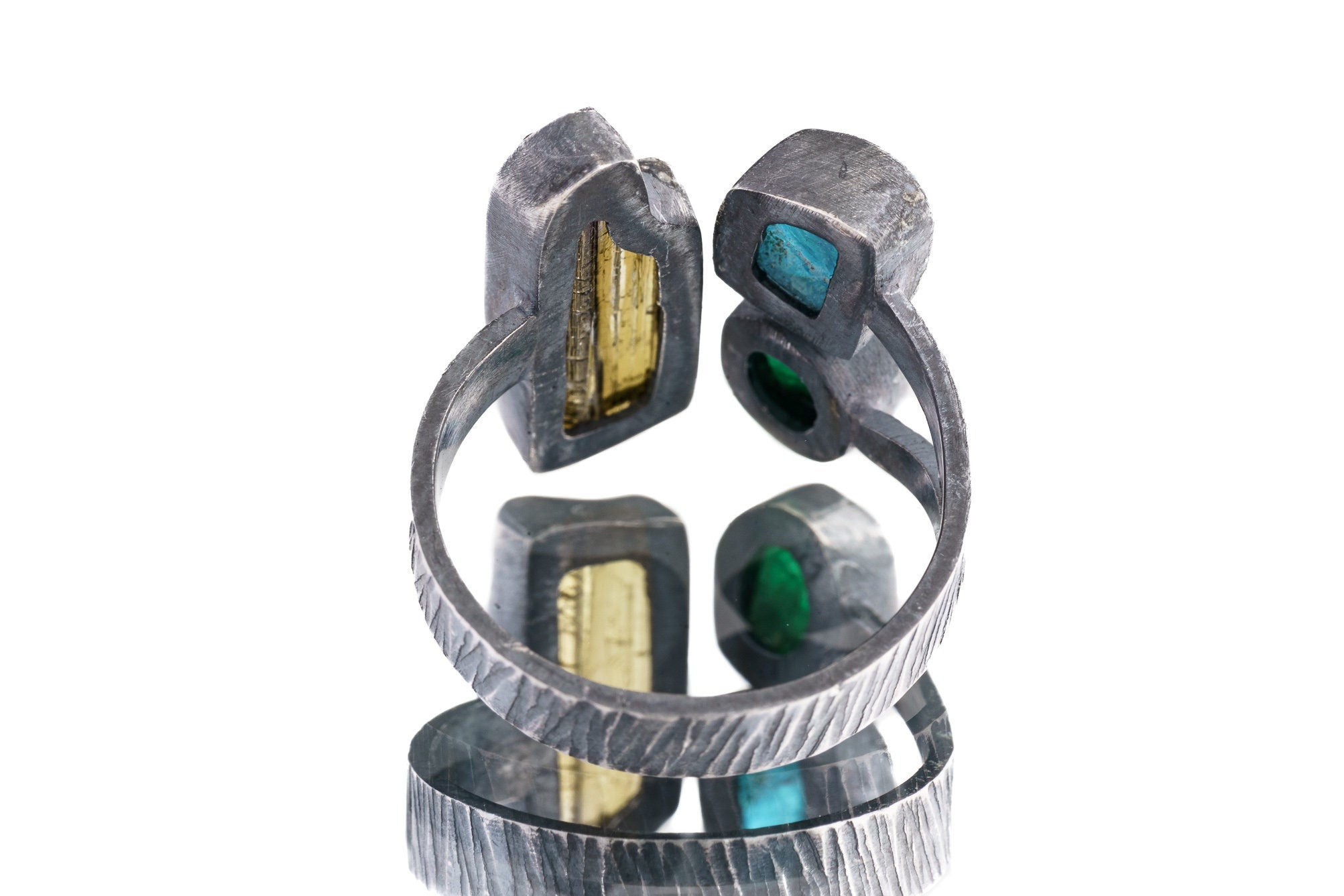 Smoky Quartz, Emerald & Apatite - 925 Sterling Silver - Multi Stone - Textured, Oxidised - Open Ring Band - Adjustable US 6 - 10 - NO/15