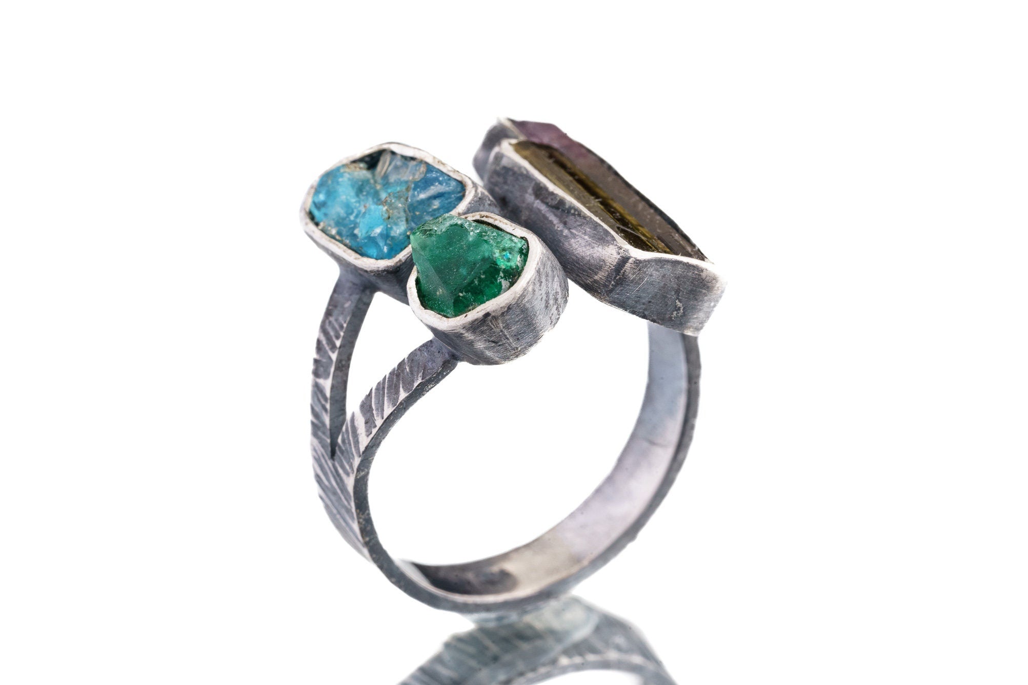 Smoky Quartz, Emerald & Apatite - 925 Sterling Silver - Multi Stone - Textured, Oxidised - Open Ring Band - Adjustable US 6 - 10 - NO/15