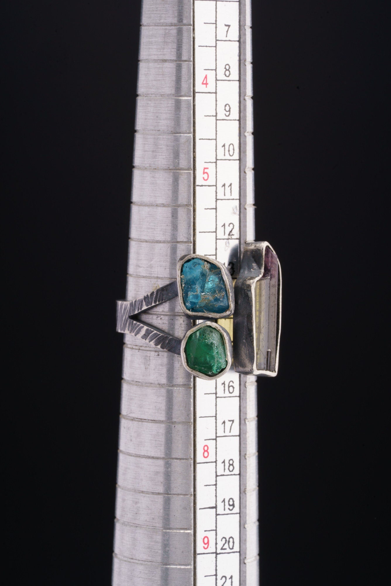 Smoky Quartz, Emerald & Apatite - 925 Sterling Silver - Multi Stone - Textured, Oxidised - Open Ring Band - Adjustable US 6 - 10 - NO/15