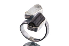 Aquamarine & Gem Tourmaline- 925 Sterling Silver - Double Stone - Textured, Oxidised - Open Ring Band - Adjustable US 4 - 10 - NO/1