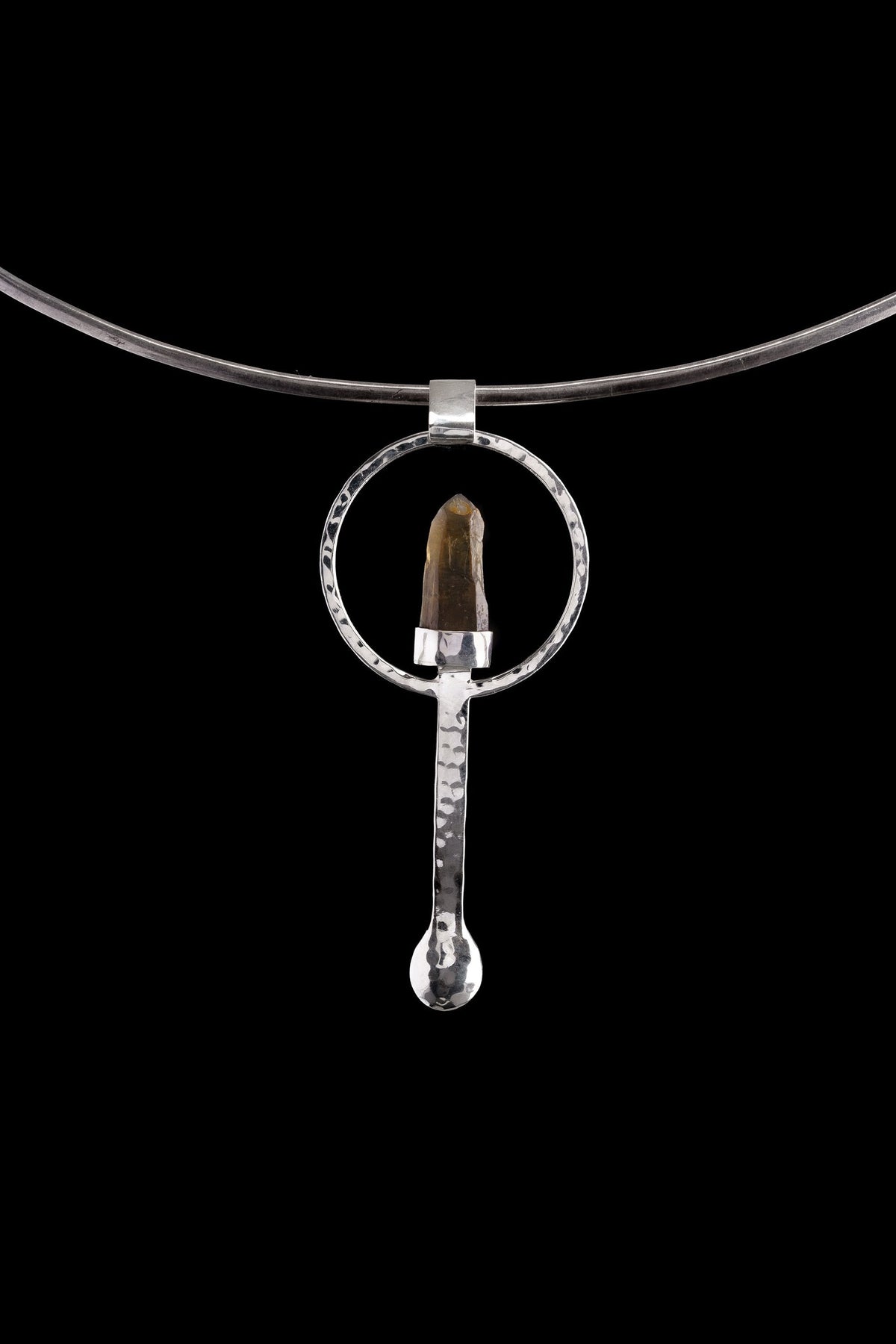 Natural Citirine Quartz Point - Spice / Ceremonial Spoon - 925 Cast Silver - Unique Hammer Textured - Crystal Pendant Necklace -