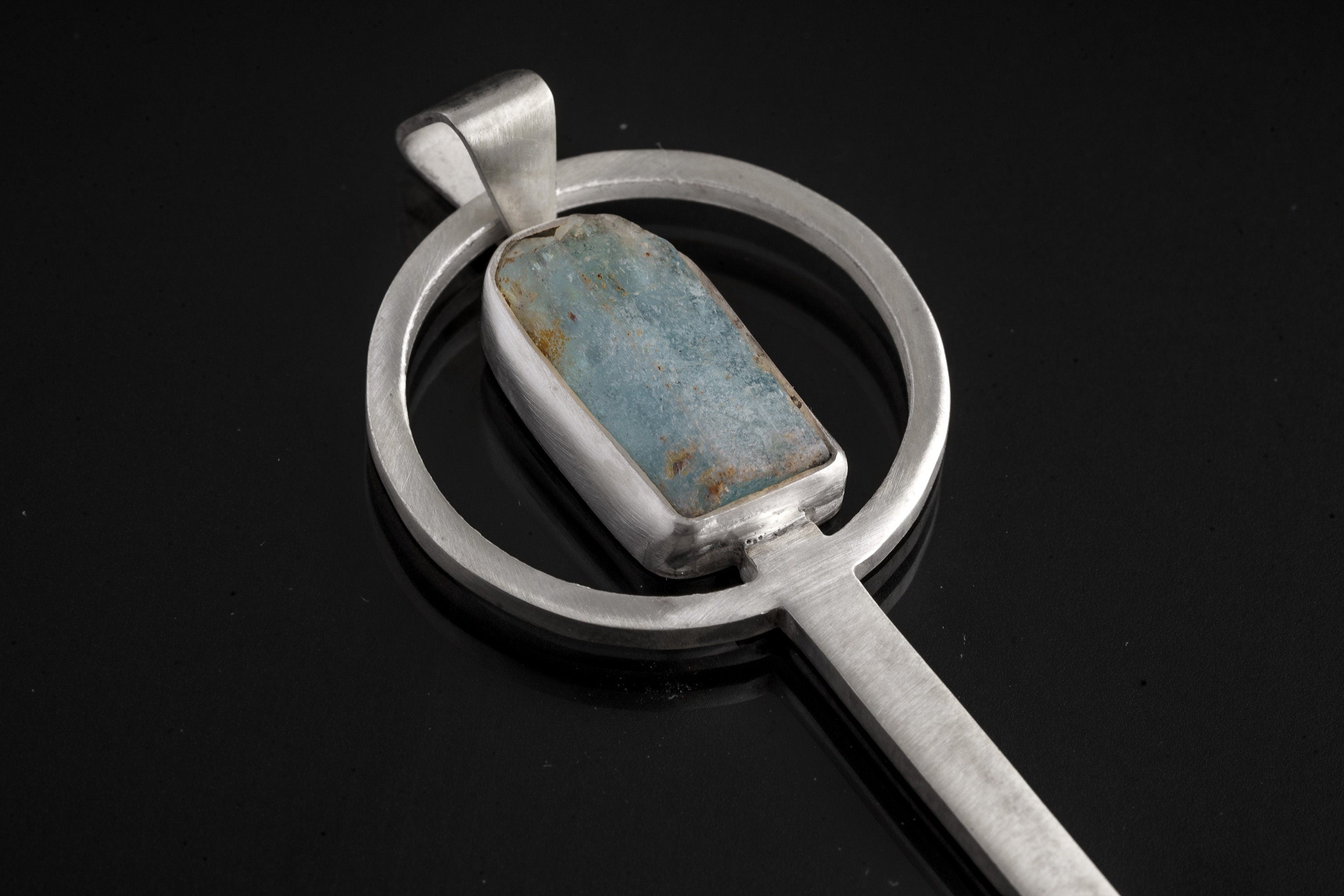 Raw Himalayan Aquamarine - Small Spice / Ceremonial Spoon - Solid 925 Cast Silver - Unique Brush Textured - Crystal Pendant Necklace -