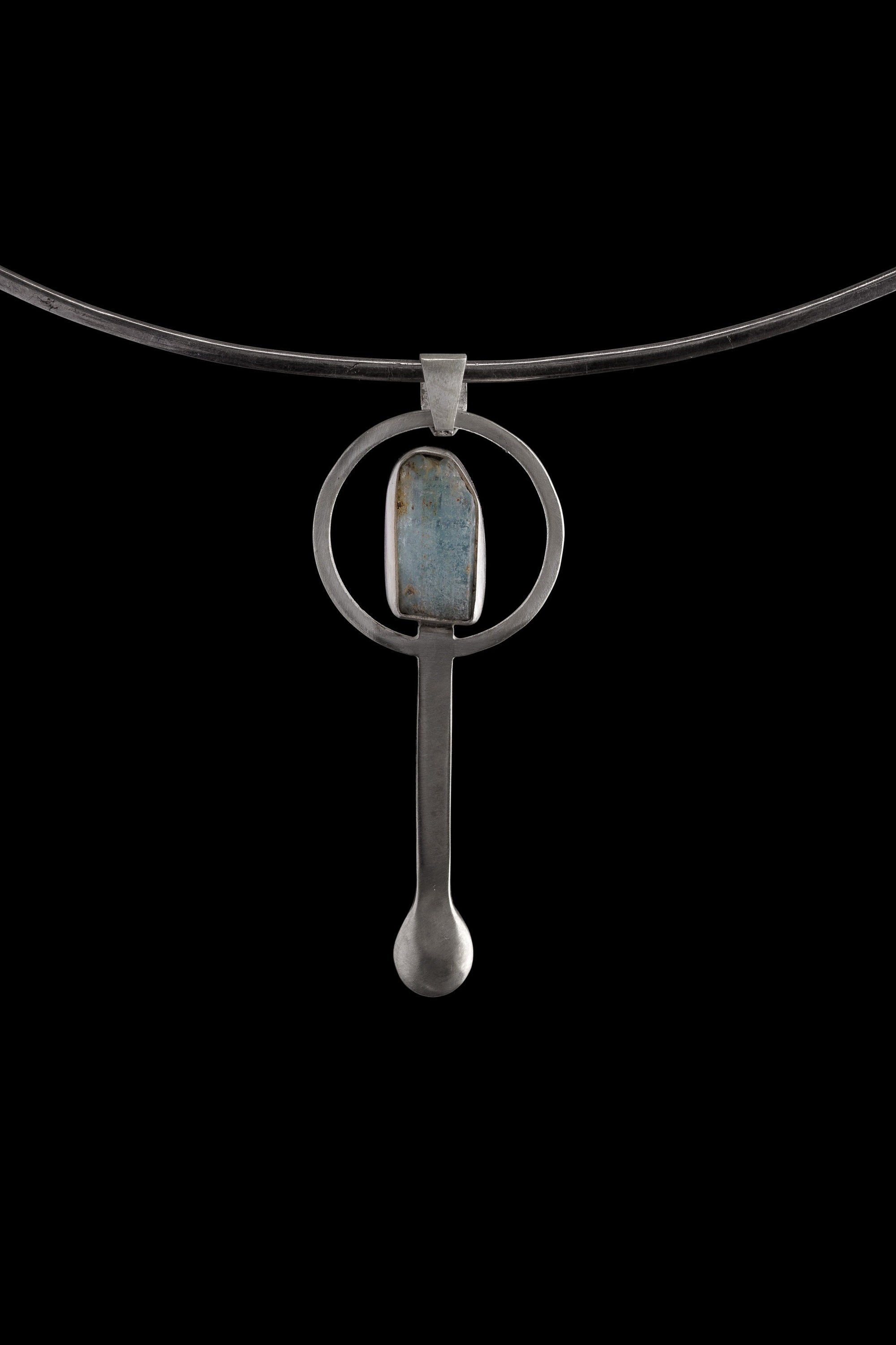 Raw Himalayan Aquamarine - Small Spice / Ceremonial Spoon - Solid 925 Cast Silver - Unique Brush Textured - Crystal Pendant Necklace -