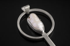 Large Pearl - Spice / Ceremonial Spoon - 925 Cast Silver - Unique Brush Textured - Crystal Pendant Necklace -