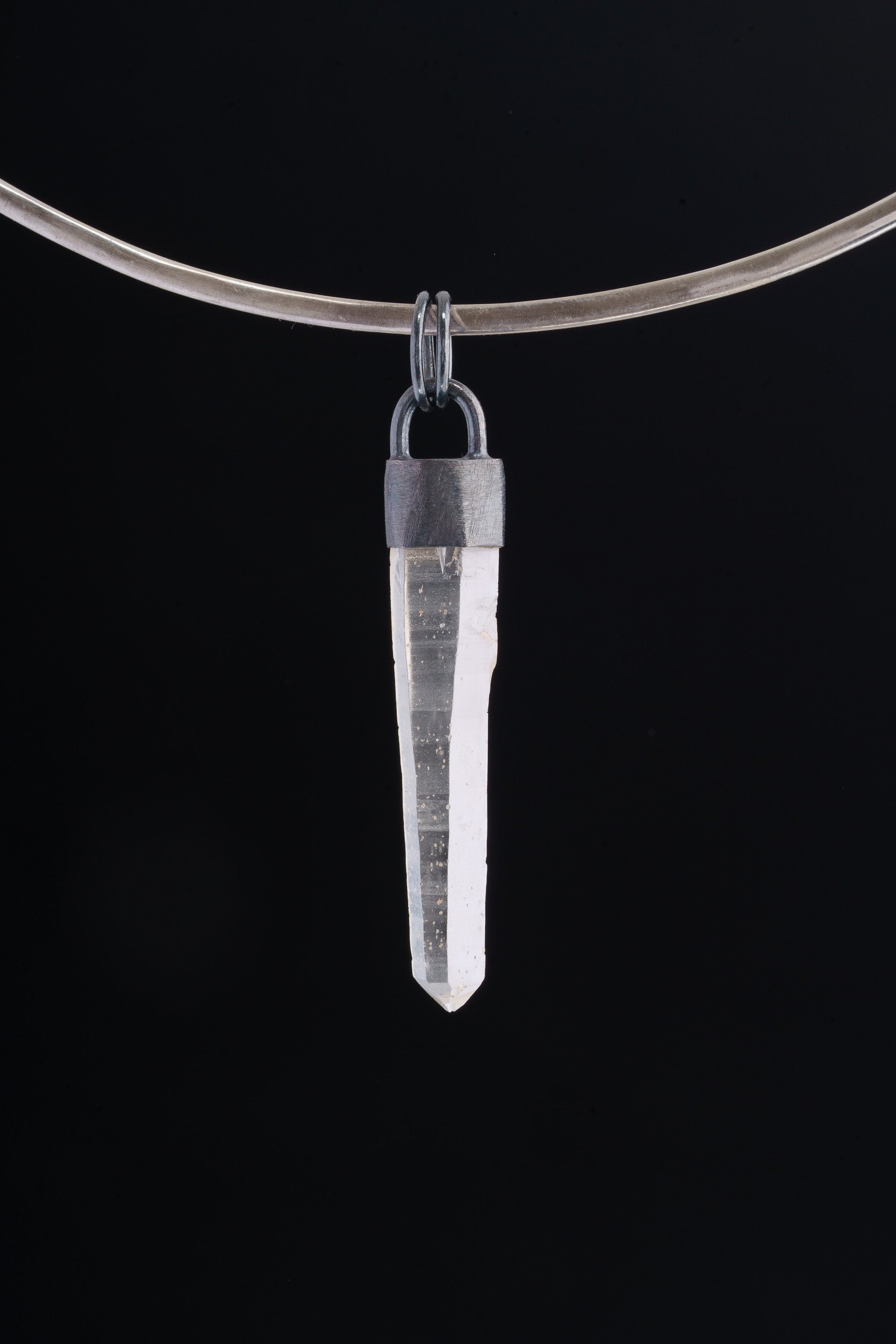 Oxidised Sterling Silver Brushed Pendant Featuring Australian Fossicked Specialty Clear Quartz Point, Strong Industrial Crystal Necklace