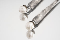 Natural Pearl - Oxidised Rustick Boho Vibe - 925 Sterling Silver - Long Textured Triangle & Gumnut like Dangle Earring Pair