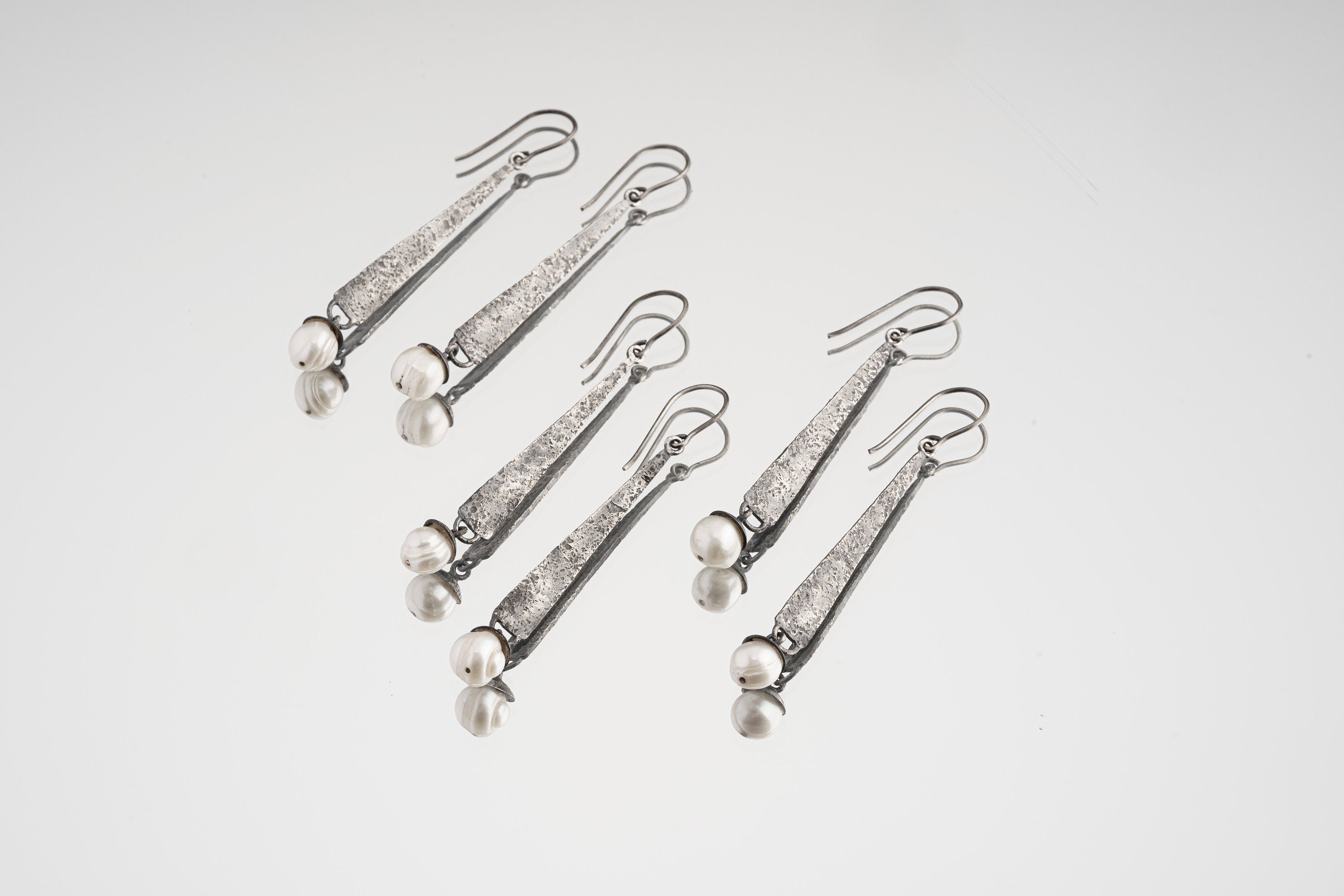 Natural Pearl - Oxidised Rustick Boho Vibe - 925 Sterling Silver - Long Textured Triangle & Gumnut like Dangle Earring Pair