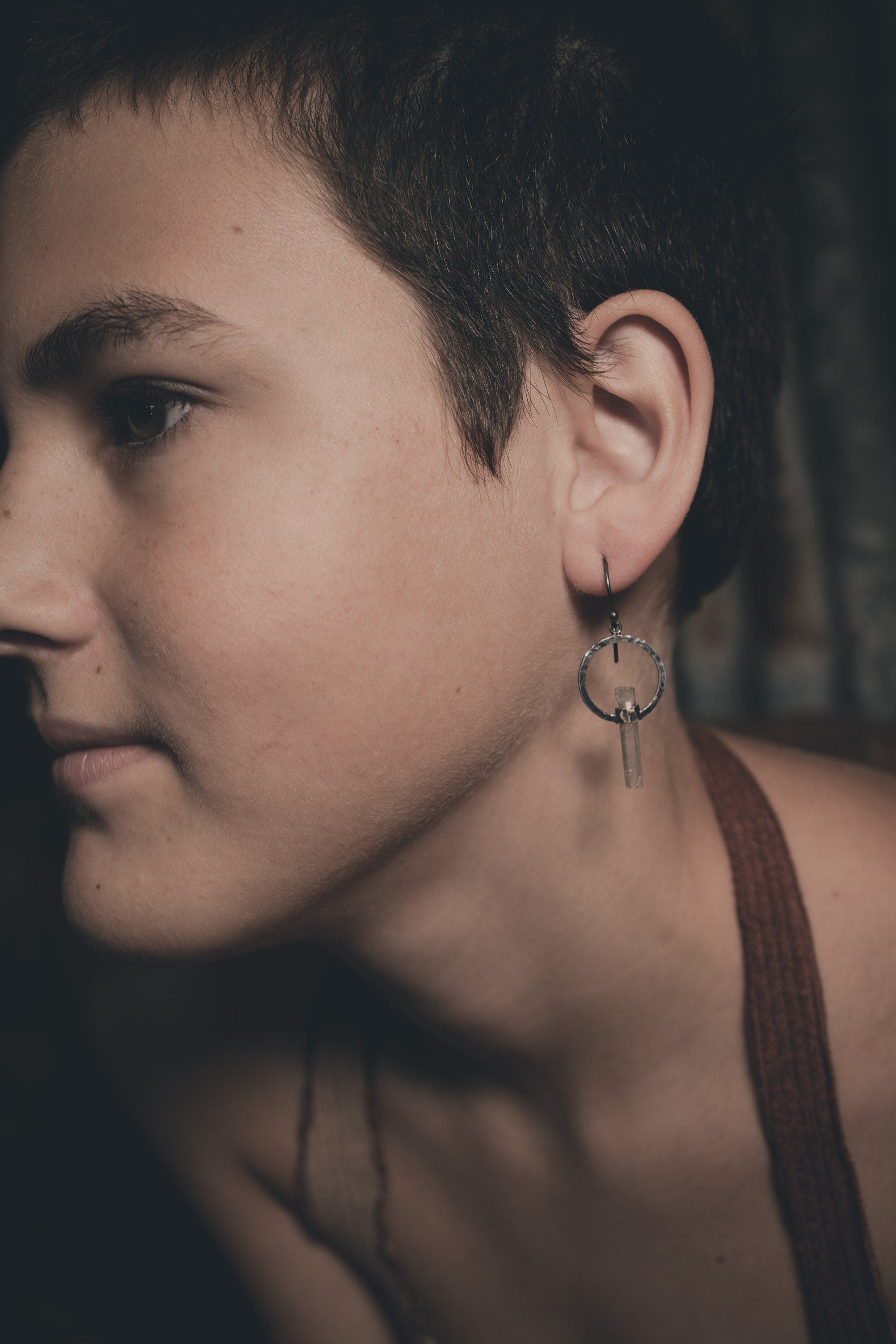 Oxidised Textured 925 Sterling Silver Crystal Hoop Dangle Earrings, Featuring Natural Himalayan Aquamarine Wand & Circle Portal Band Wrap