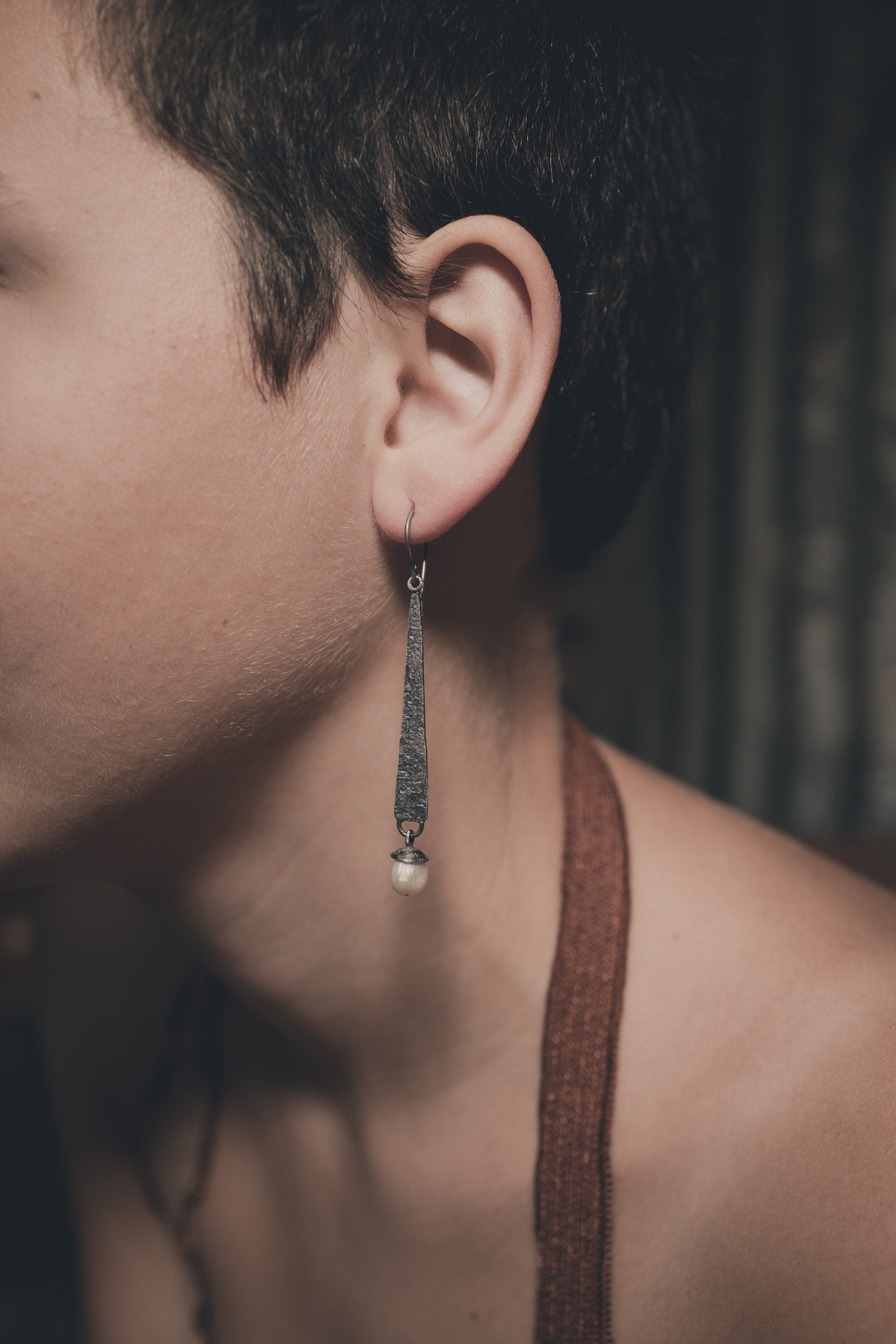 Natural Pearl - Oxidised Rustick Boho Vibe - 925 Sterling Silver - Long Textured Triangle & Gumnut like Dangle Earring Pair