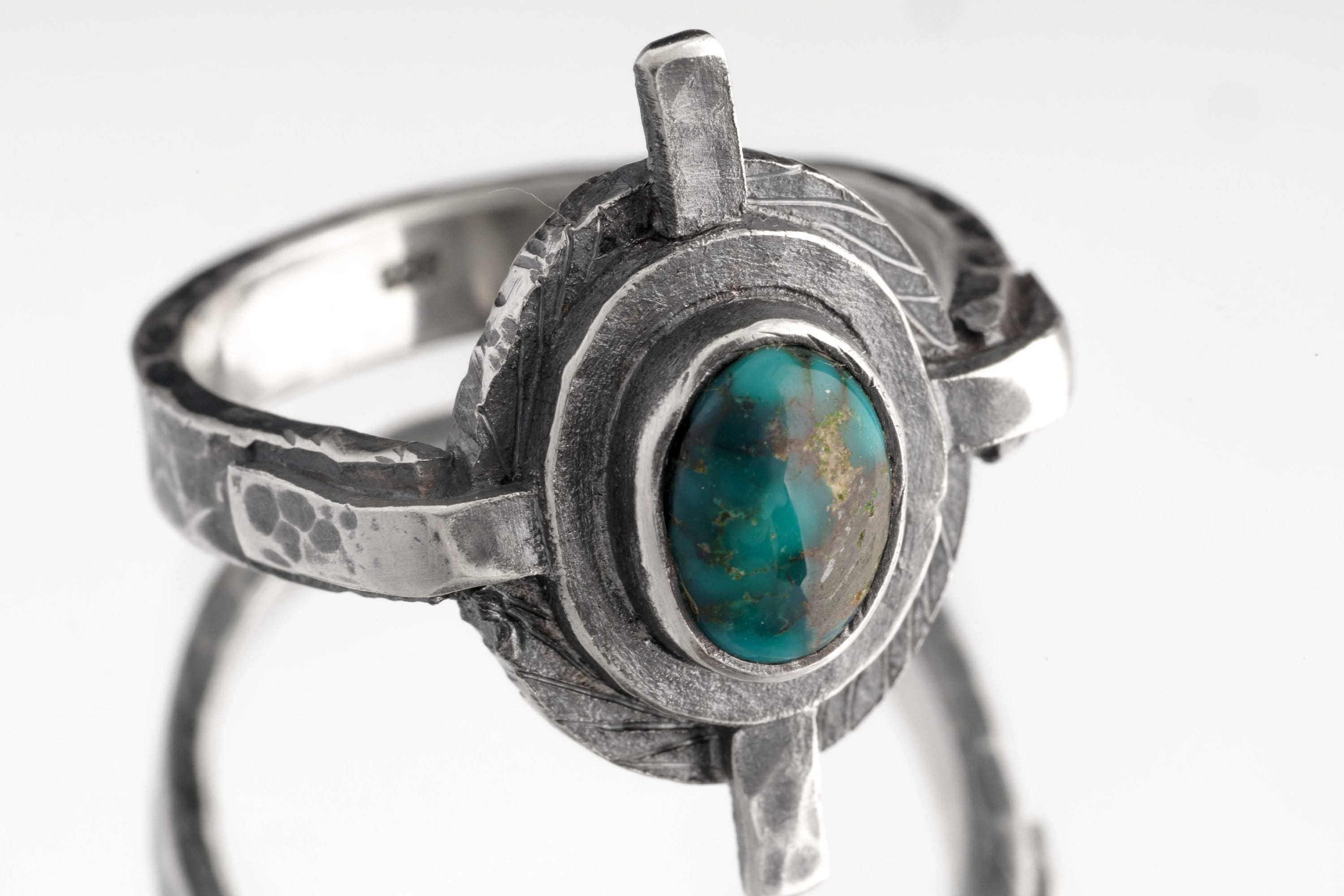 Himalayan Turquoise - Oxidised Rustick Boh Old World Feel - 925 Sterling Silver - Heavy Set Textured Ring - Made To Order