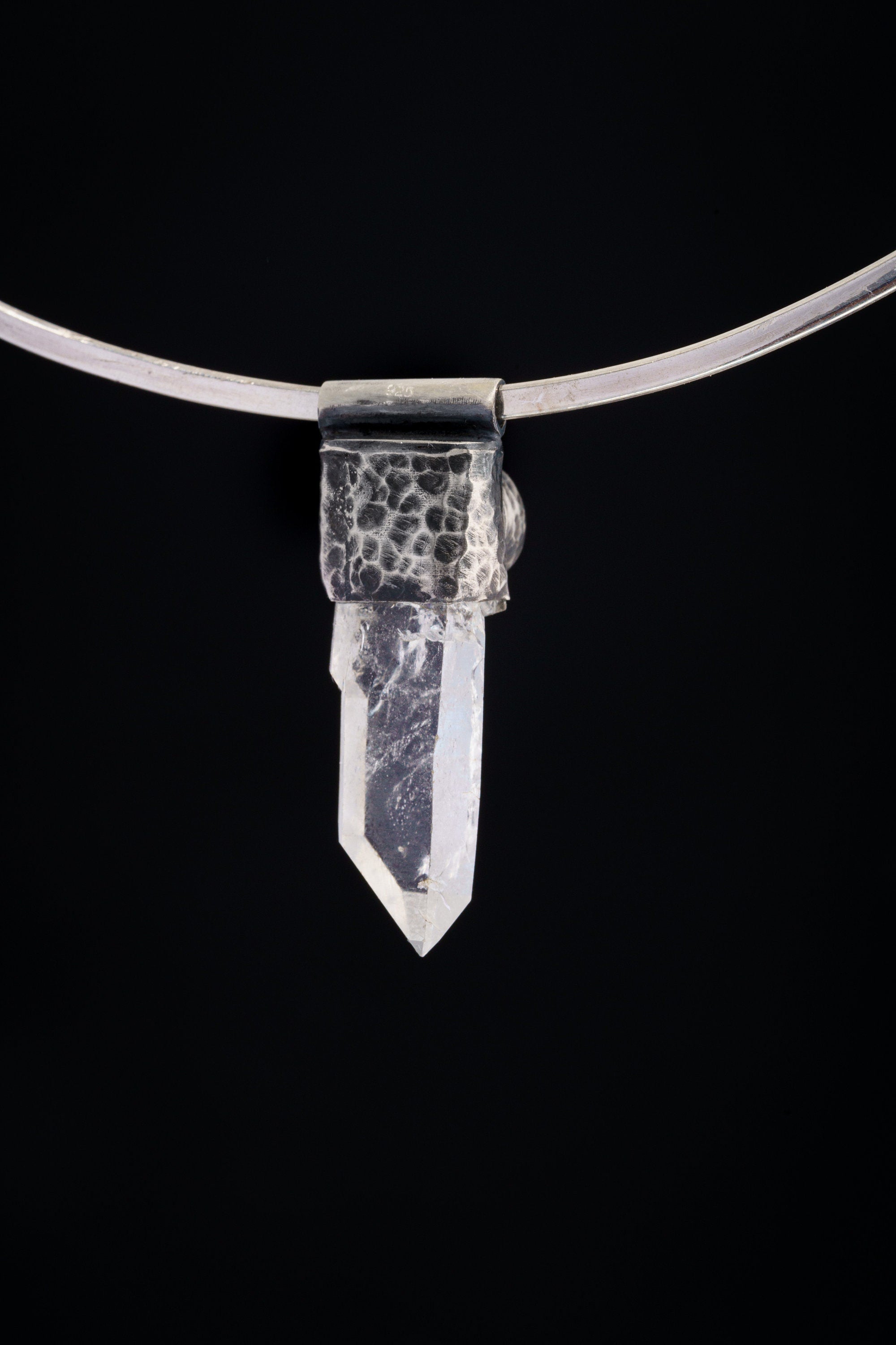 Nepali Lemurian Super Clear Edged Quartz Point with a South Sea Pearl - Stack Pendant - Textured & Oxidised 925 Sterling Silver - NO 9