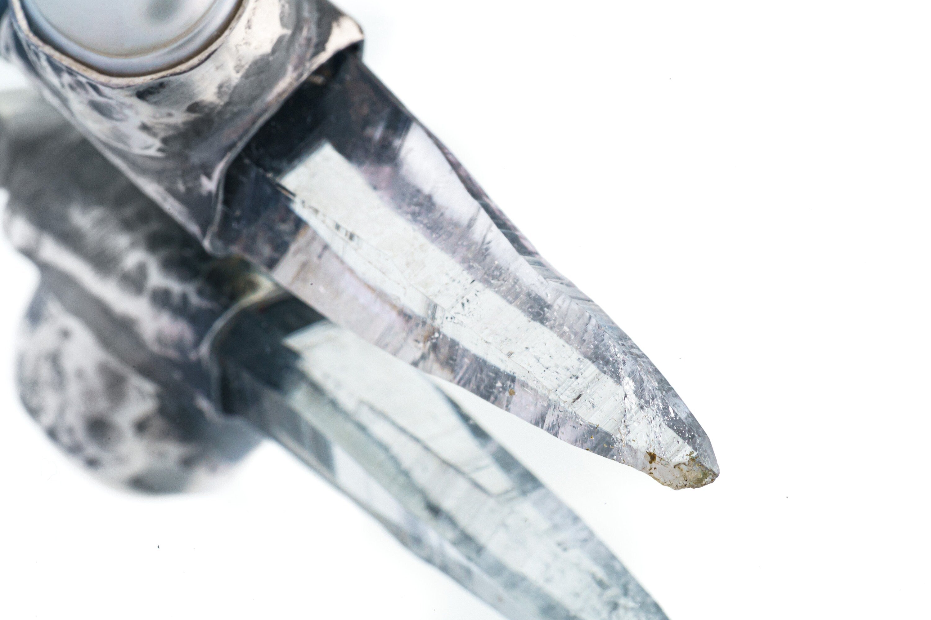 Nepali Lemurian Super Clear Edged Laser Quartz Point with a South Sea Pearl - Stack Pendant - Textured & Oxidised 925 Sterling Silver - NO12