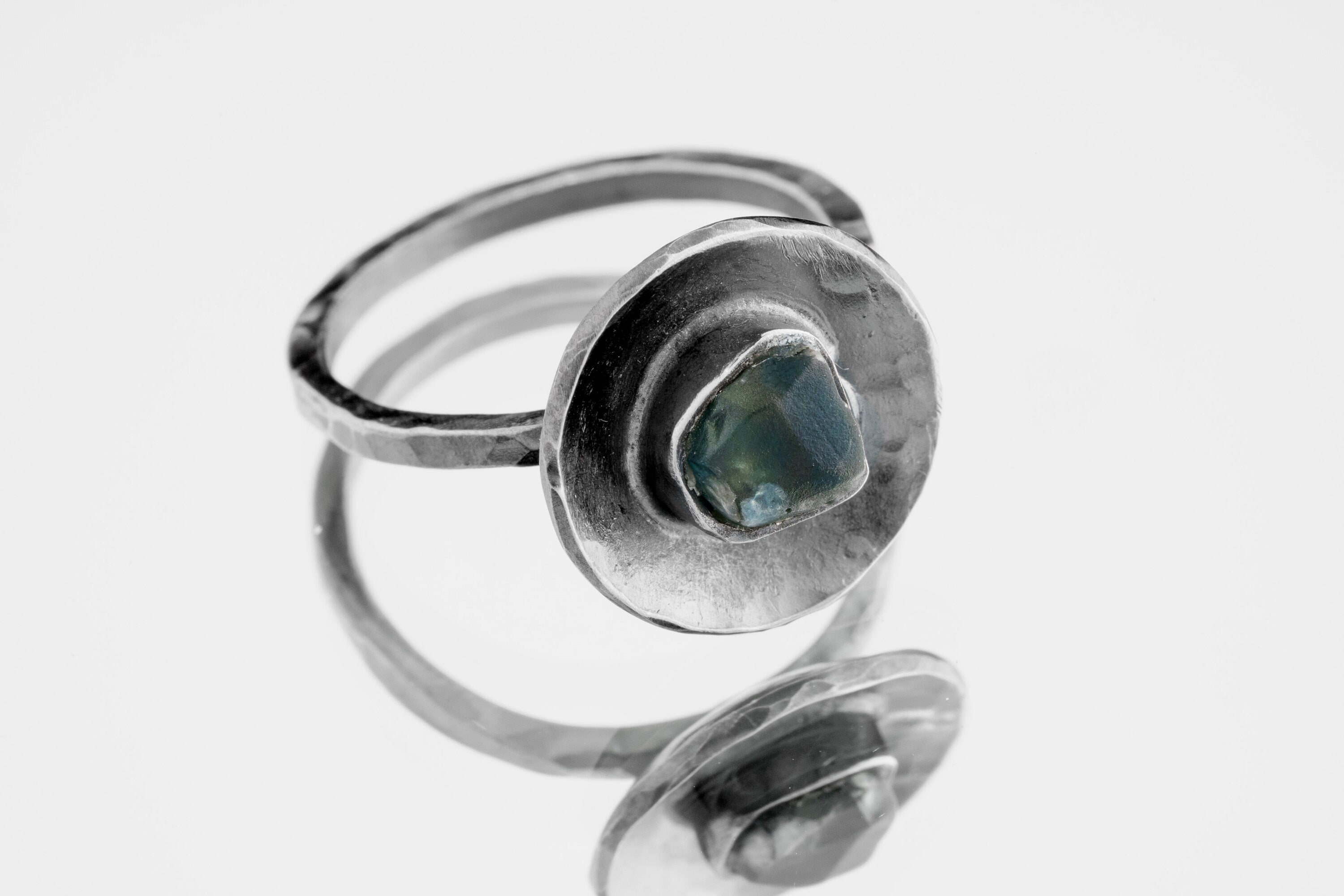 Raw Australian Fossicked River Tumbled Gem Sapphire- Oxidised Rustick Textured Dome Set- 925 Sterling Silver - Crystal Ring