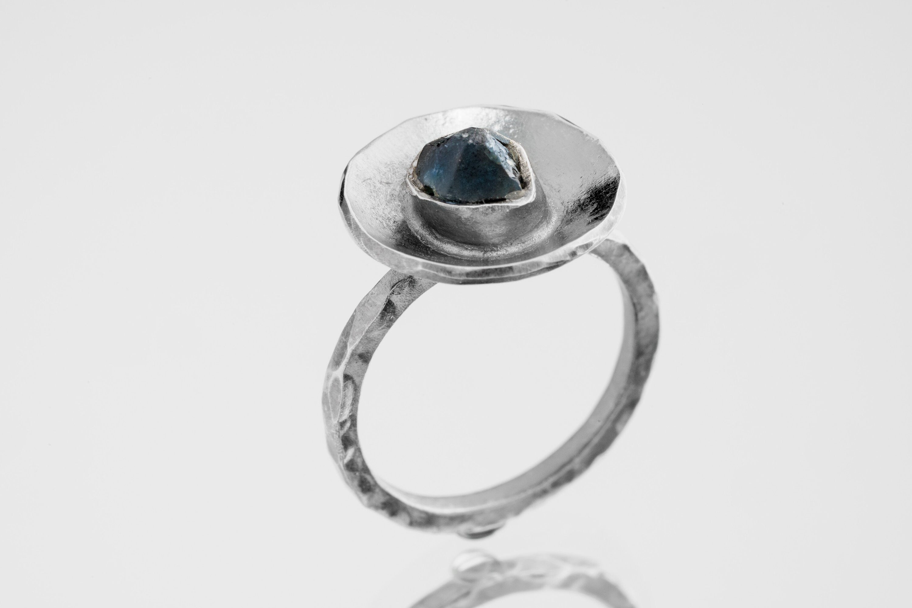 Raw Australian Fossicked River Tumbled Gem Sapphire- Oxidised Rustick Textured Dome Set- 925 Sterling Silver - Crystal Ring