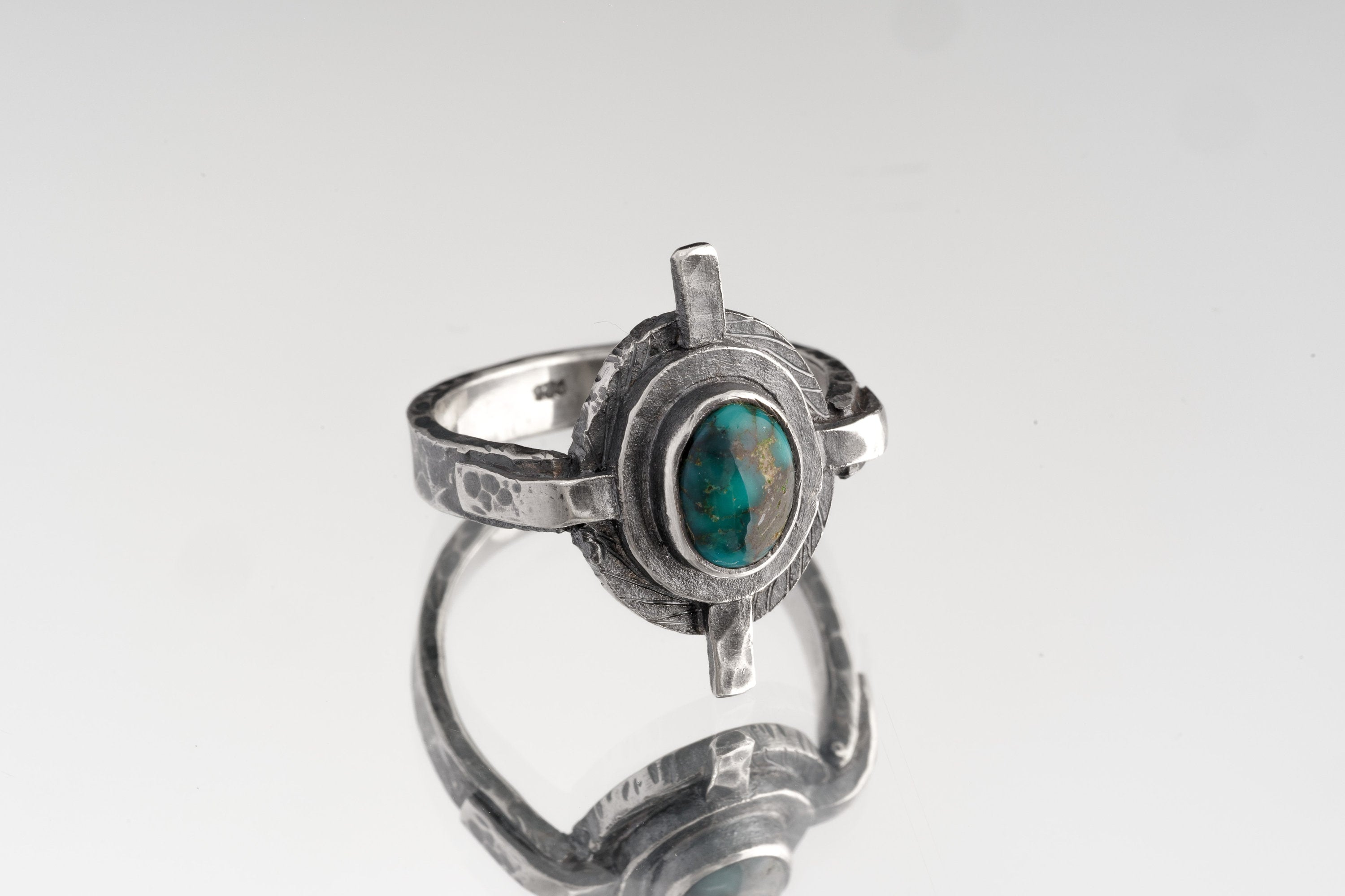 Himalayan Turquoise - Oxidised Rustick Boh Old World Feel - 925 Sterling Silver - Heavy Set Textured Ring - Made To Order