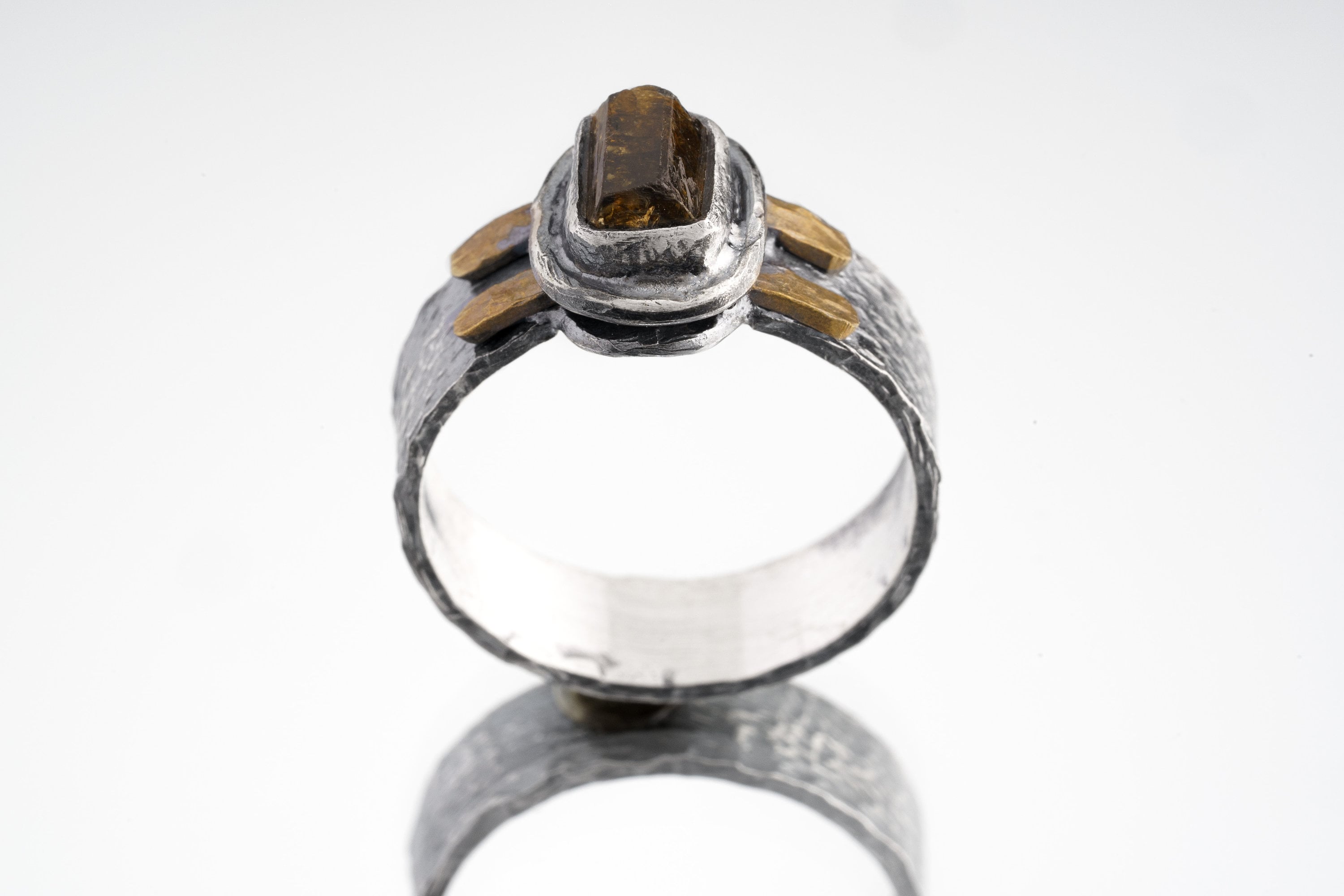 925 Sterling Silver and Brass Fusion Ring Featuring Himalayan Raw Gem Dravite Brown Tourmaline, Large, Hammer Textured Crystal Jewlery Piece