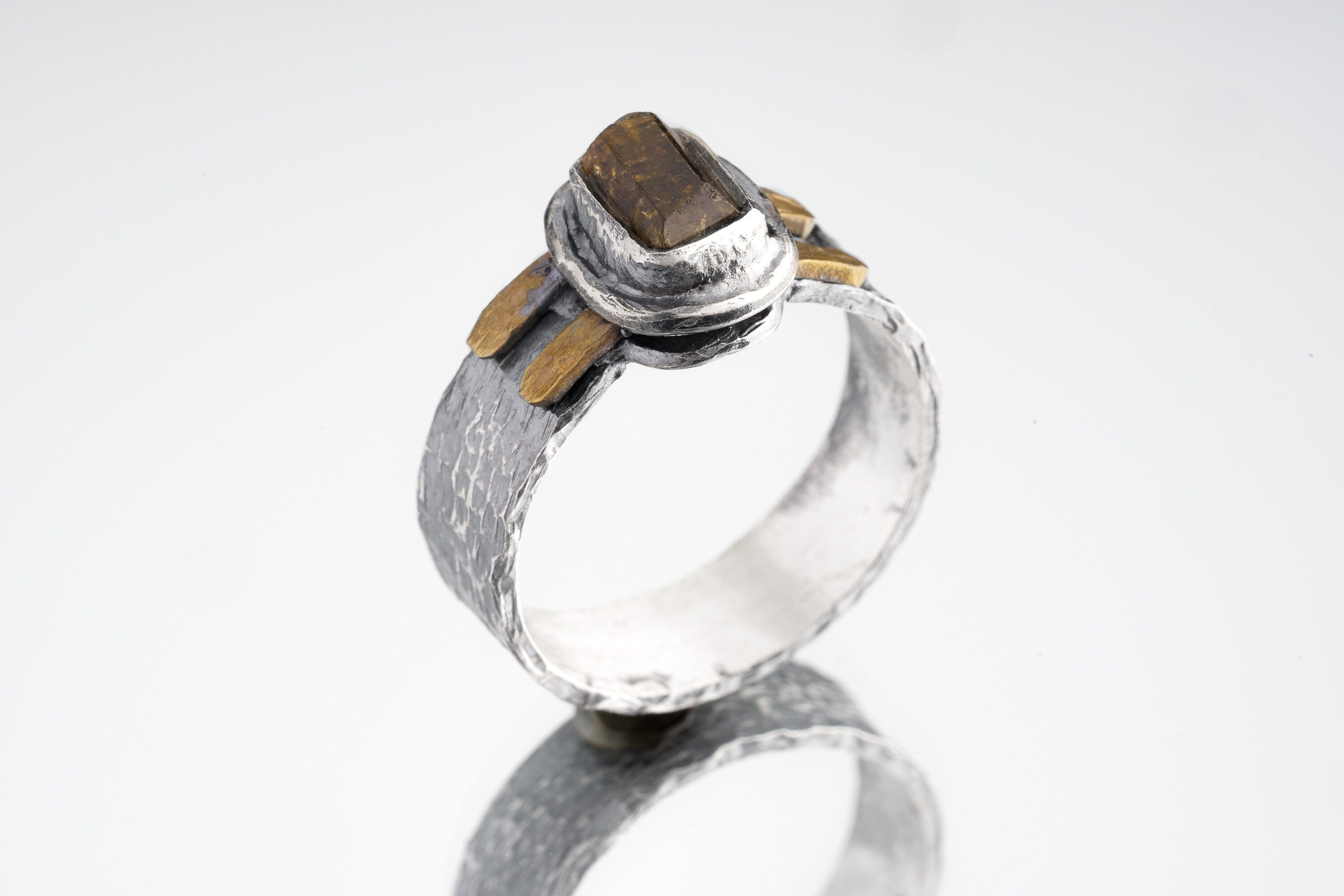 925 Sterling Silver and Brass Fusion Ring Featuring Himalayan Raw Gem Dravite Brown Tourmaline, Large, Hammer Textured Crystal Jewlery Piece