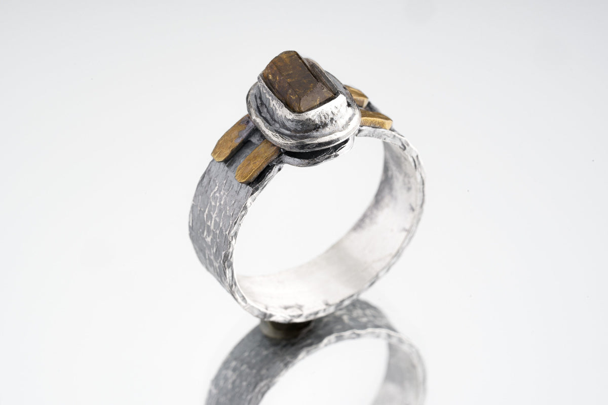 925 Sterling Silver and Brass Fusion Ring Featuring Himalayan Raw Gem Dravite Brown Tourmaline, Large, Hammer Textured Crystal Jewlery Piece