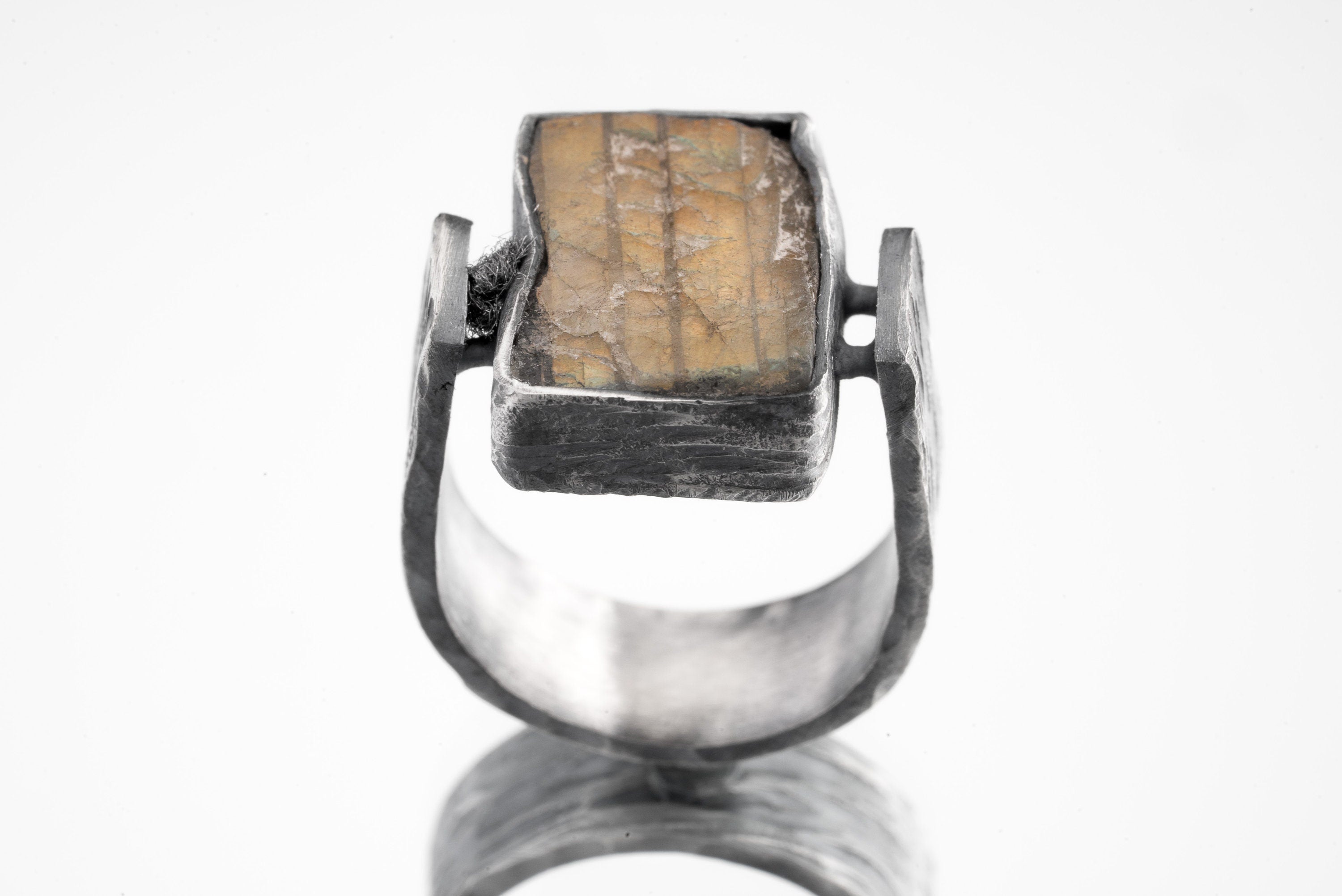 Raw Square Rainbow Labradorite - Rustic Comfortable Crystal Ring - Size 8 1/2 US - 925 Sterling Silver - Hammer Textured & Oxidised