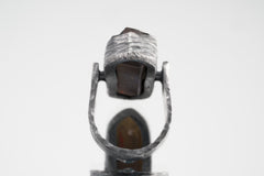 Australian Double terminated Smoky Quartz- Comfortable Crystal Ring - Size 7 1/2 US - 925 Sterling Silver - Abstract Textured & Oxidised