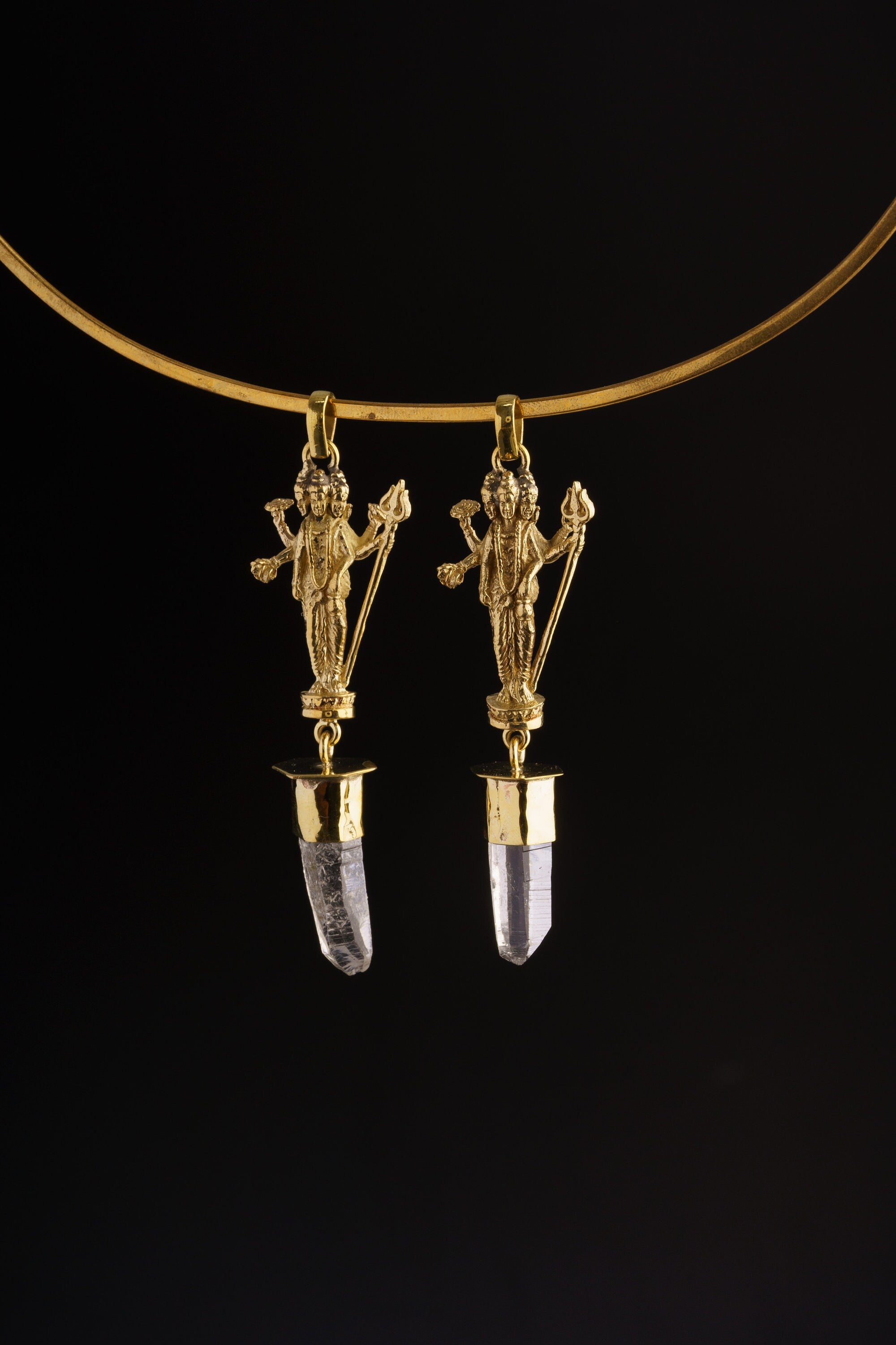 Himalayan Specialty Quartz - Hammered Golden Brass Set - Multi Head Shiva Cast - Robust Dangling Talisman Pendant