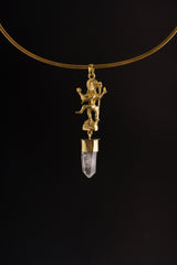 Dancing Shiva Cast in Gold Plated Brass Necklace - Himalayan Quartz Point Talisman , Unique Line Texture, Robust Dangling Pendant Design