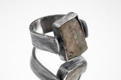 Raw Square Rainbow Labradorite - Rustic Comfortable Crystal Ring - Size 8 1/2 US - 925 Sterling Silver - Hammer Textured & Oxidised