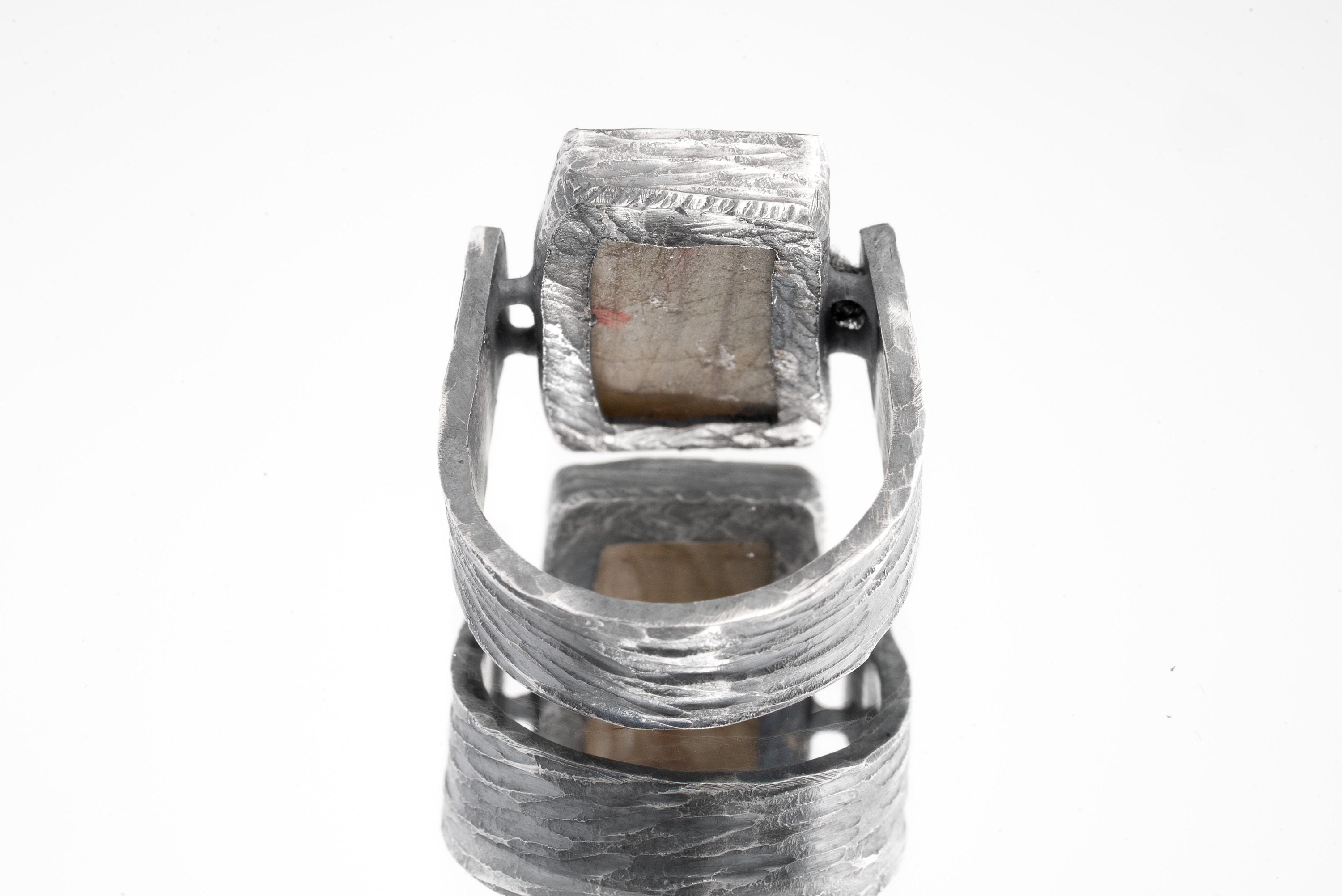 Raw Square Rainbow Labradorite - Rustic Comfortable Crystal Ring - Size 8 1/2 US - 925 Sterling Silver - Hammer Textured & Oxidised