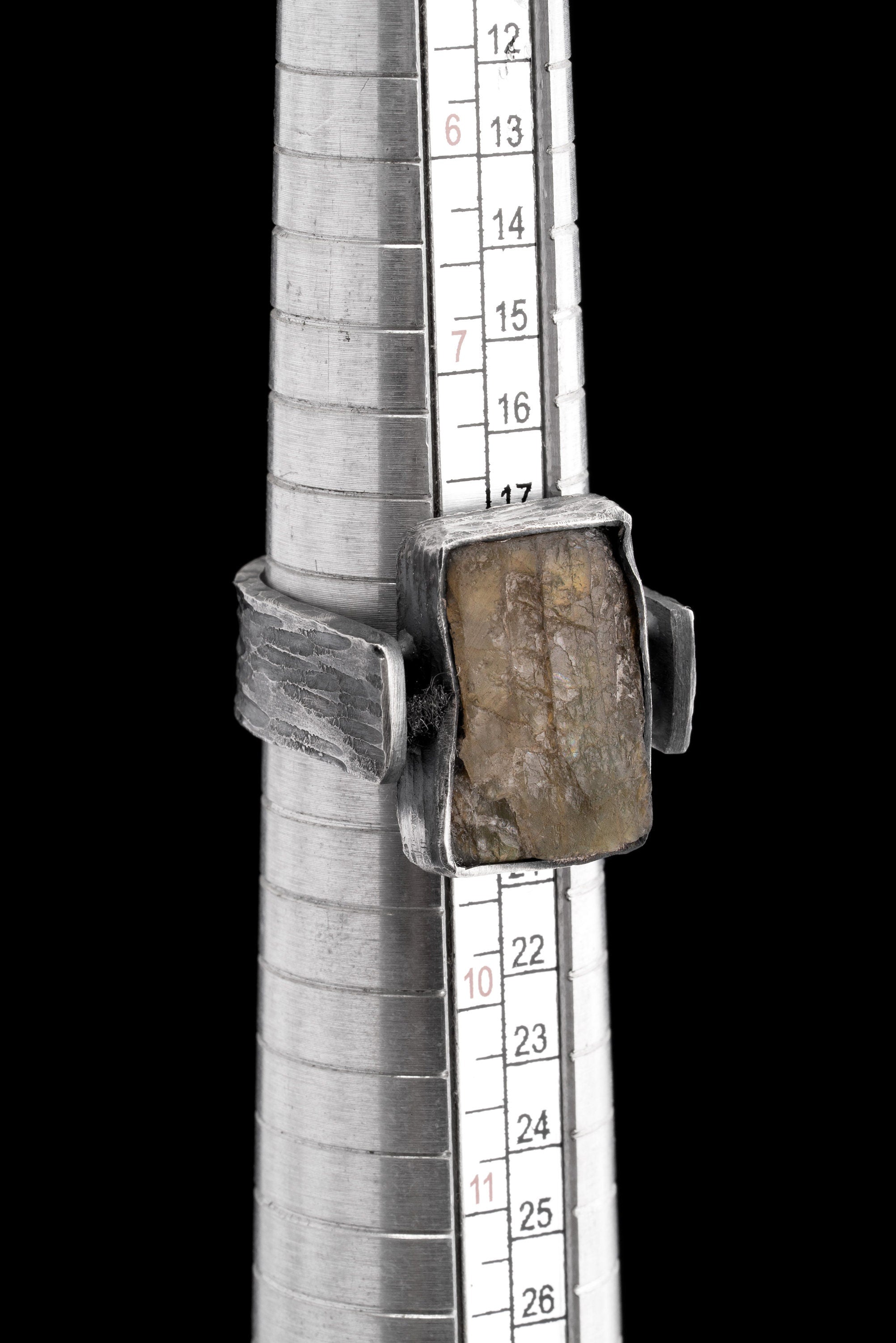 Raw Square Rainbow Labradorite - Rustic Comfortable Crystal Ring - Size 8 1/2 US - 925 Sterling Silver - Hammer Textured & Oxidised
