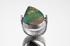 Australian Chrysoprase Cabochon - Rustic Comfortable Crystal Ring - Size 8 US - 925 Sterling Silver - Abstract Textured & Oxidised